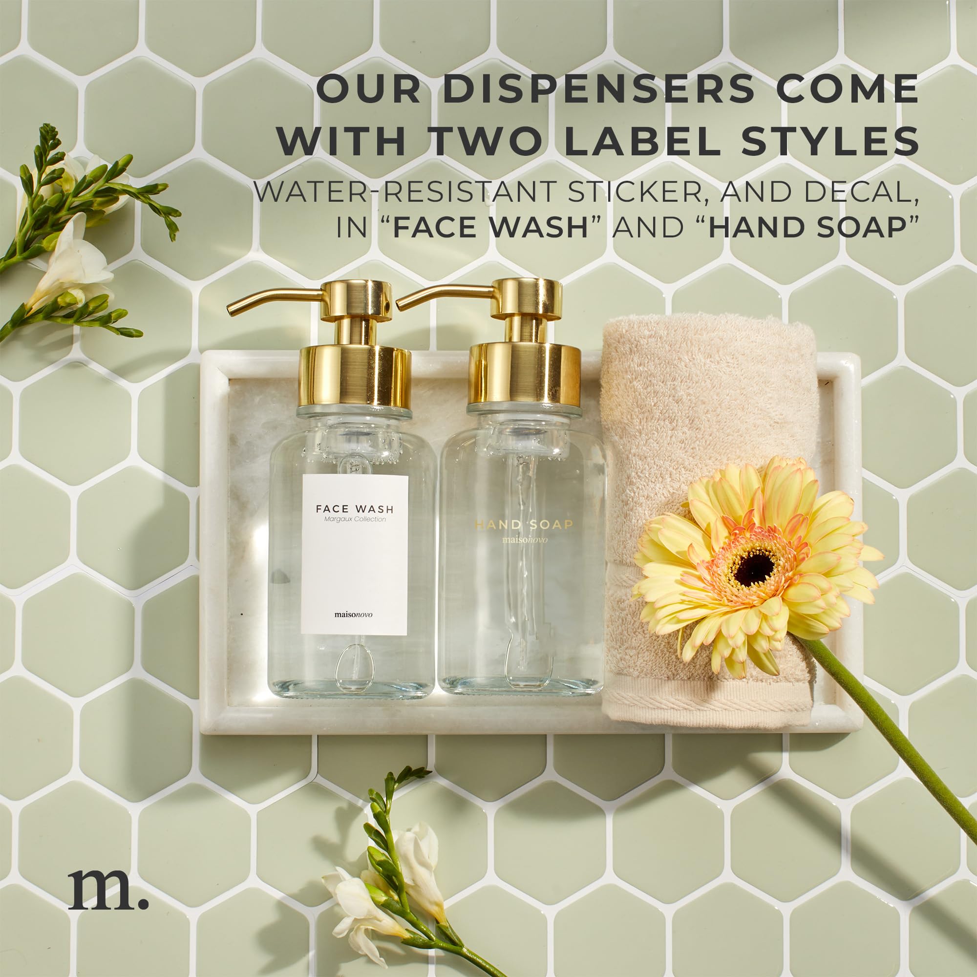 Maisonovo Glass Foaming Hand Soap Dispenser | Gold Foaming Soap Dispenser Clear Bottle Gold Pump X 1 W/Labels