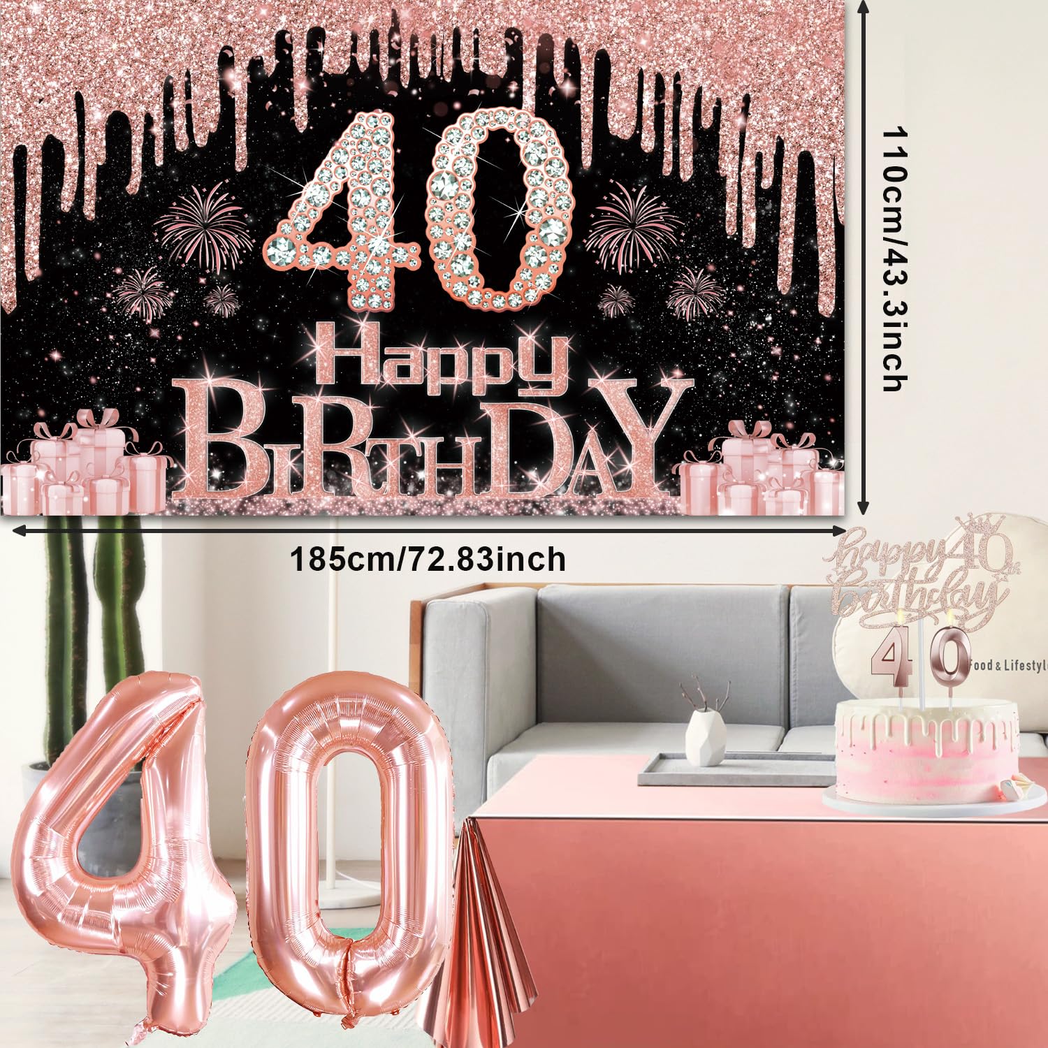 40Th Birthday Decorations For Women With Banner, Rose Gold Tablecloth, Number Balloons, 40Th Birthday Sash And Tiara, Cake Toppe