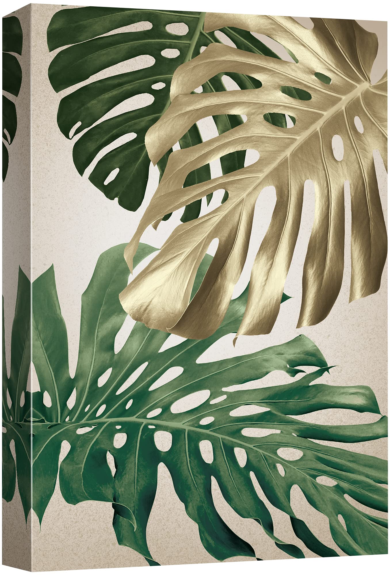 Nwt Canvas Print Wall Art Green & Gold Monstera Leaf Trio Floral Plants Illustrations Modern Art Tropical Closeup Colorful Multi