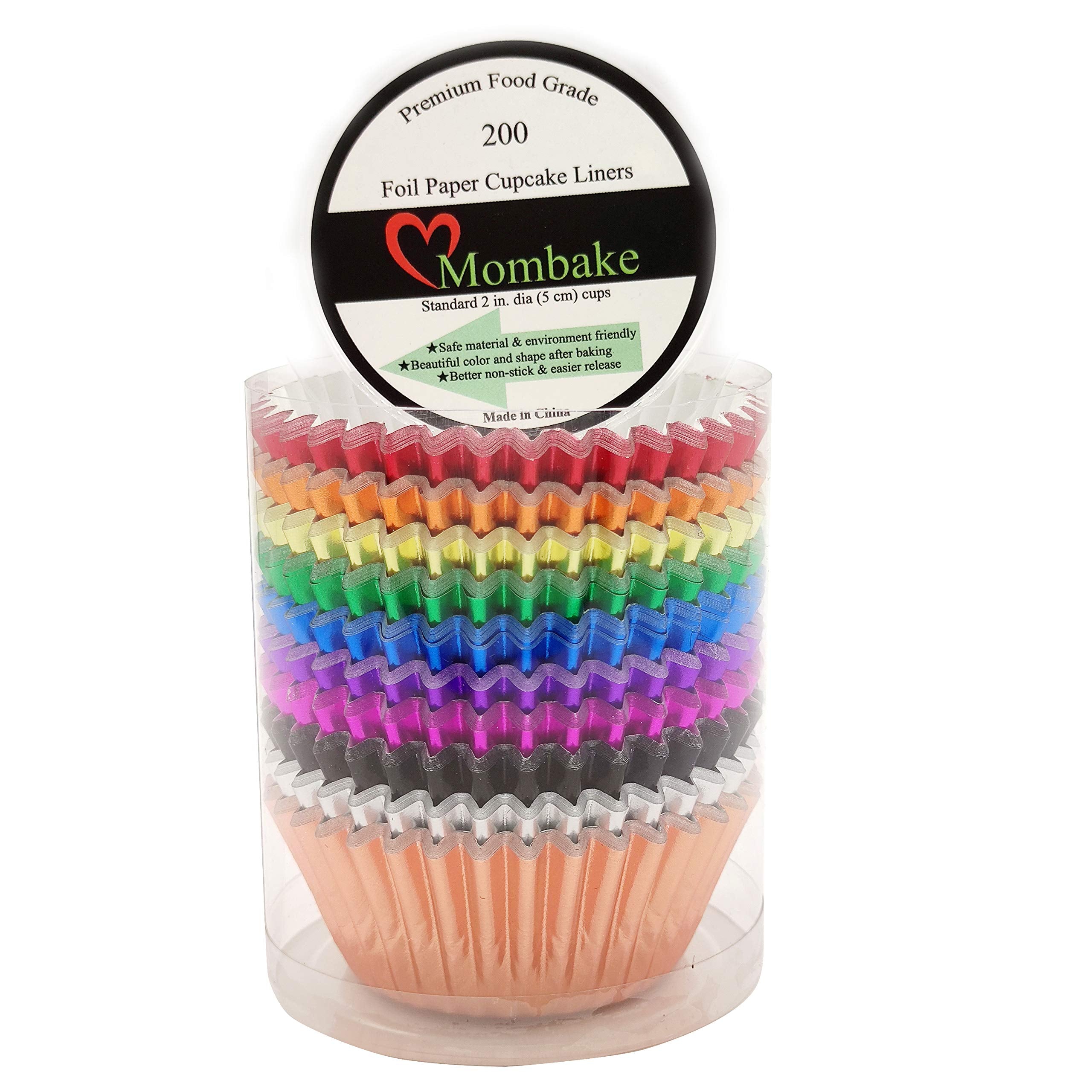 Mombake Standard Metallic Foil Cupcake Liners Paper Baking Cups In Assorted 10 Bright Colors, 200-Count