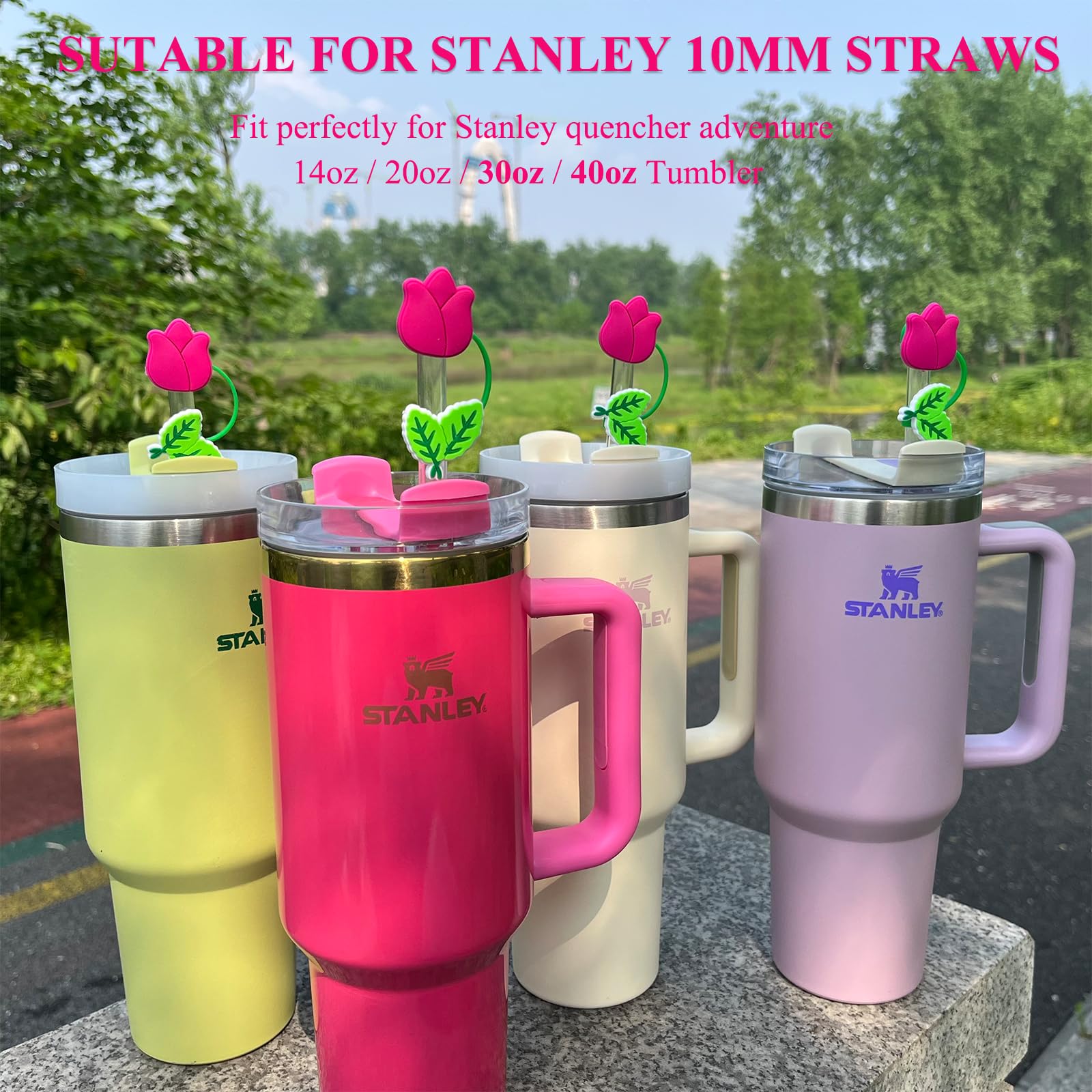 Amreich Tulip Flower Straw Covers, 4 Pcs Fuchisa Straw Cover Cap Compatible With 30 40 Oz Tumblers, Silicone Straw Toppers For P