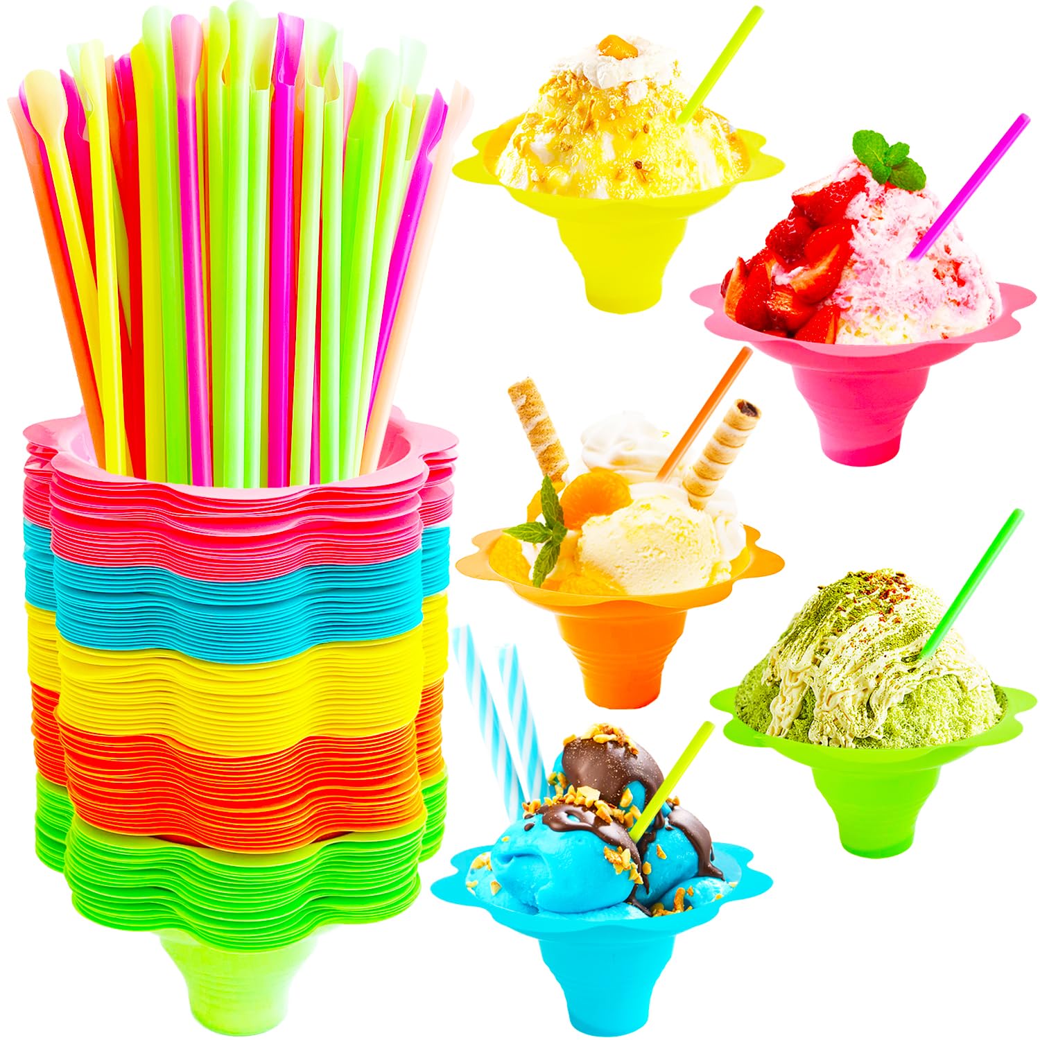 Haawooky 200Pcs 4Oz Snow Cone Cups With Spoon Straws,Flower Shaped Ice Cream Snacks Cup,Colorful Reusable Plastic Bowls Easy Gri