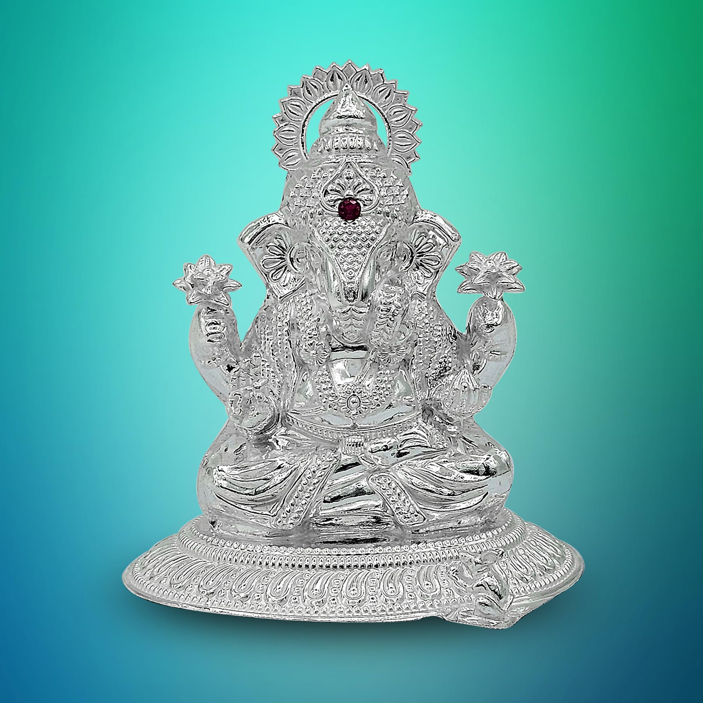 Maa Silver Pure Silver Dagdusheth Ganesha Ganpati Ji Bis Hallmarked Hollow Idol/Murti With Colour Stone Perfect For Gifting Home