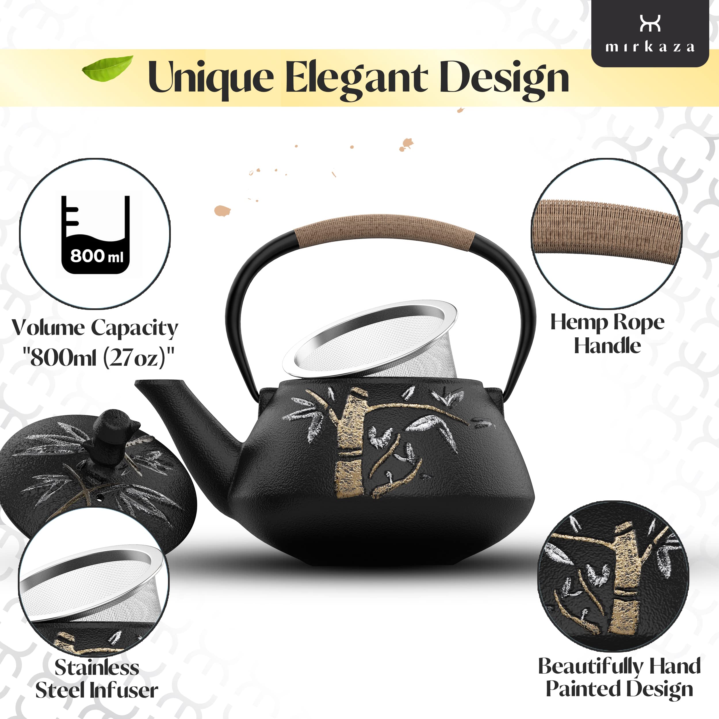 Tea Kettle, Cast Iron Tea Pot With Stainless Steel Infuser, Japanese Tea Pots For Stove Top, Unique Hand Painted Bamboo Pattern,