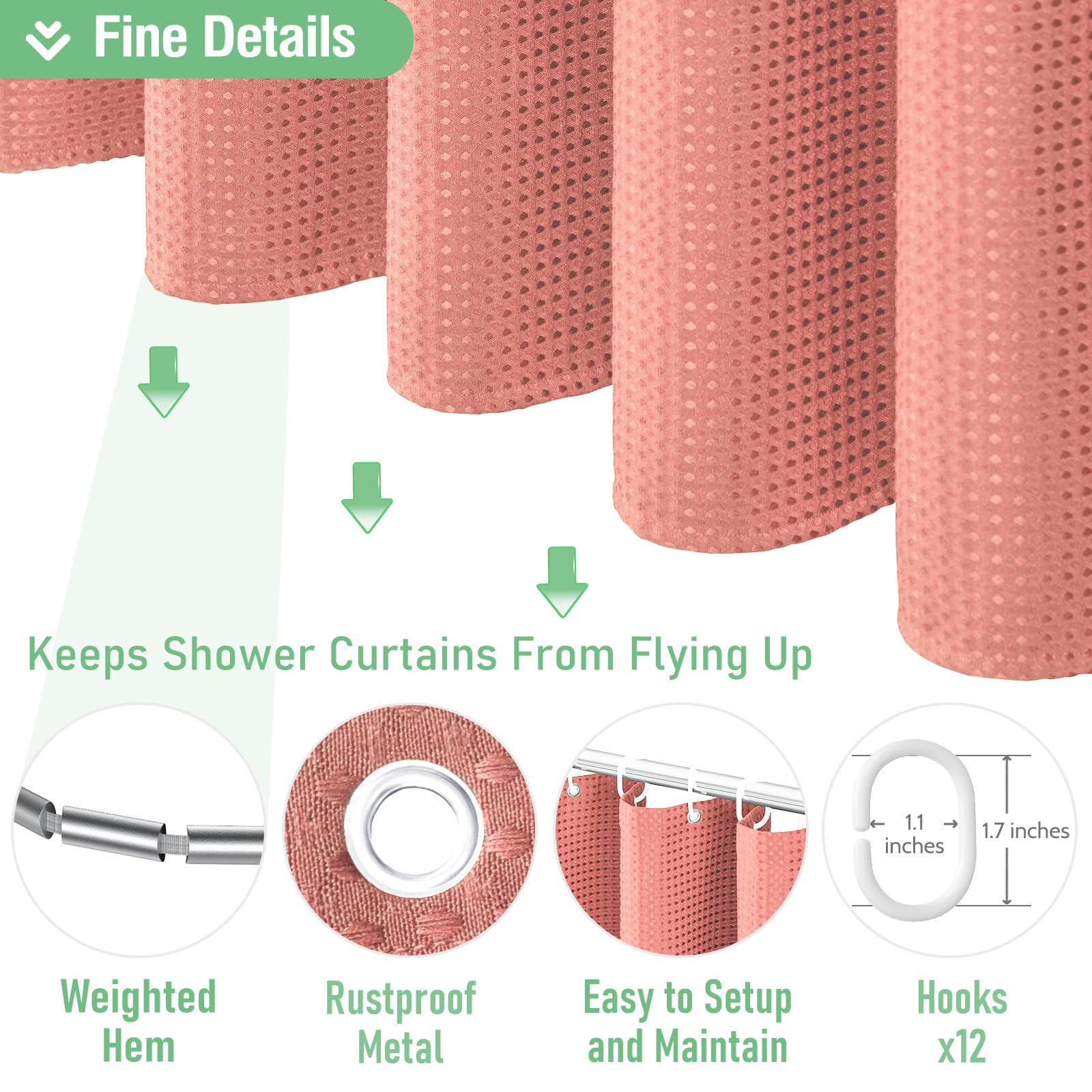 Dynamene Coral Fabric Shower Curtain - Waffle Weave Textured Heavy Duty Cloth Shower Curtains For Bathroom, 256Gsm Hotel Luxury