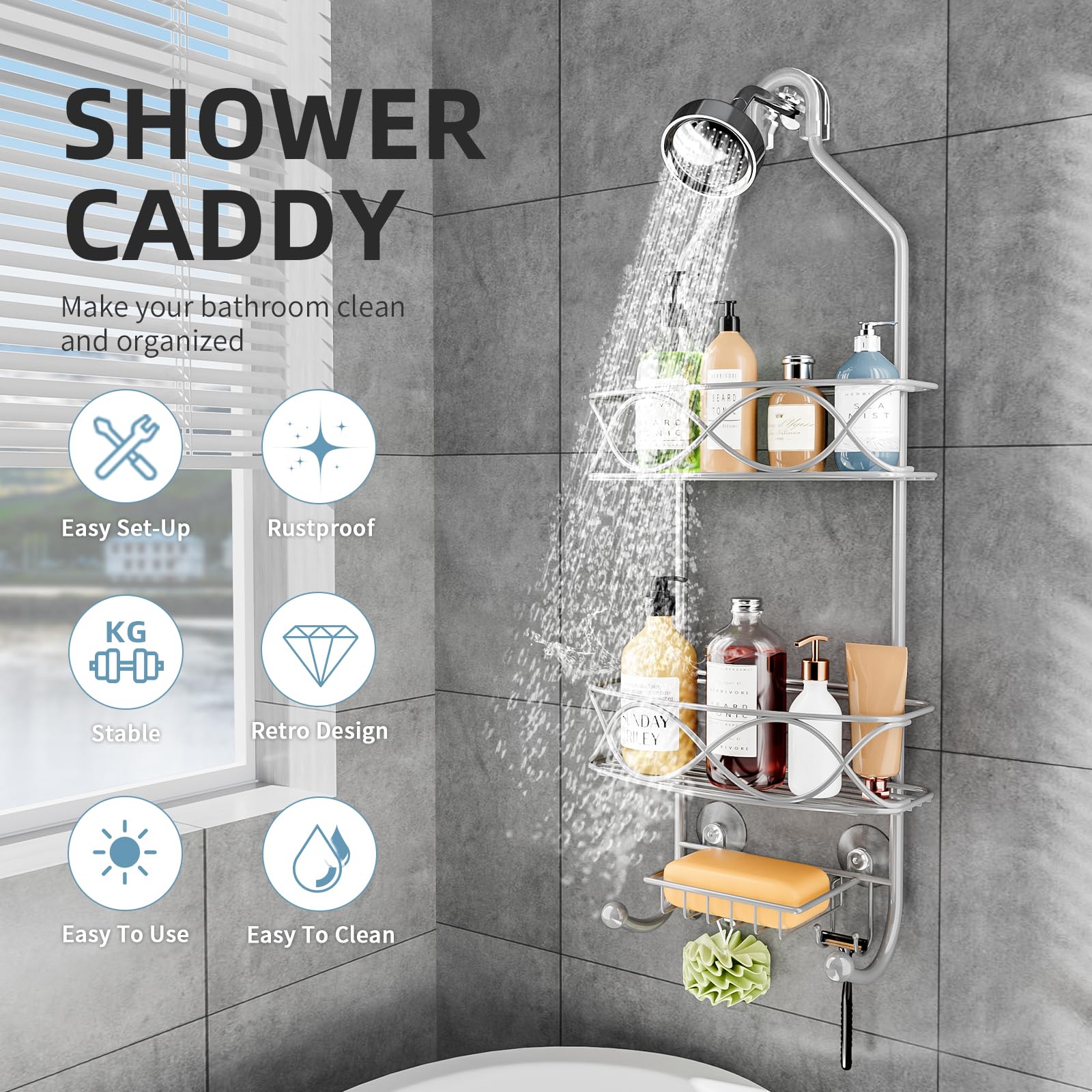 GAOKASE Shower Caddy Shower Caddy Over Shower Head  Shower Caddy Hanging 3 Tier with Two Movable Baskets Grey Shower Caddy Hanging with hooks for Towels  Sponge and more