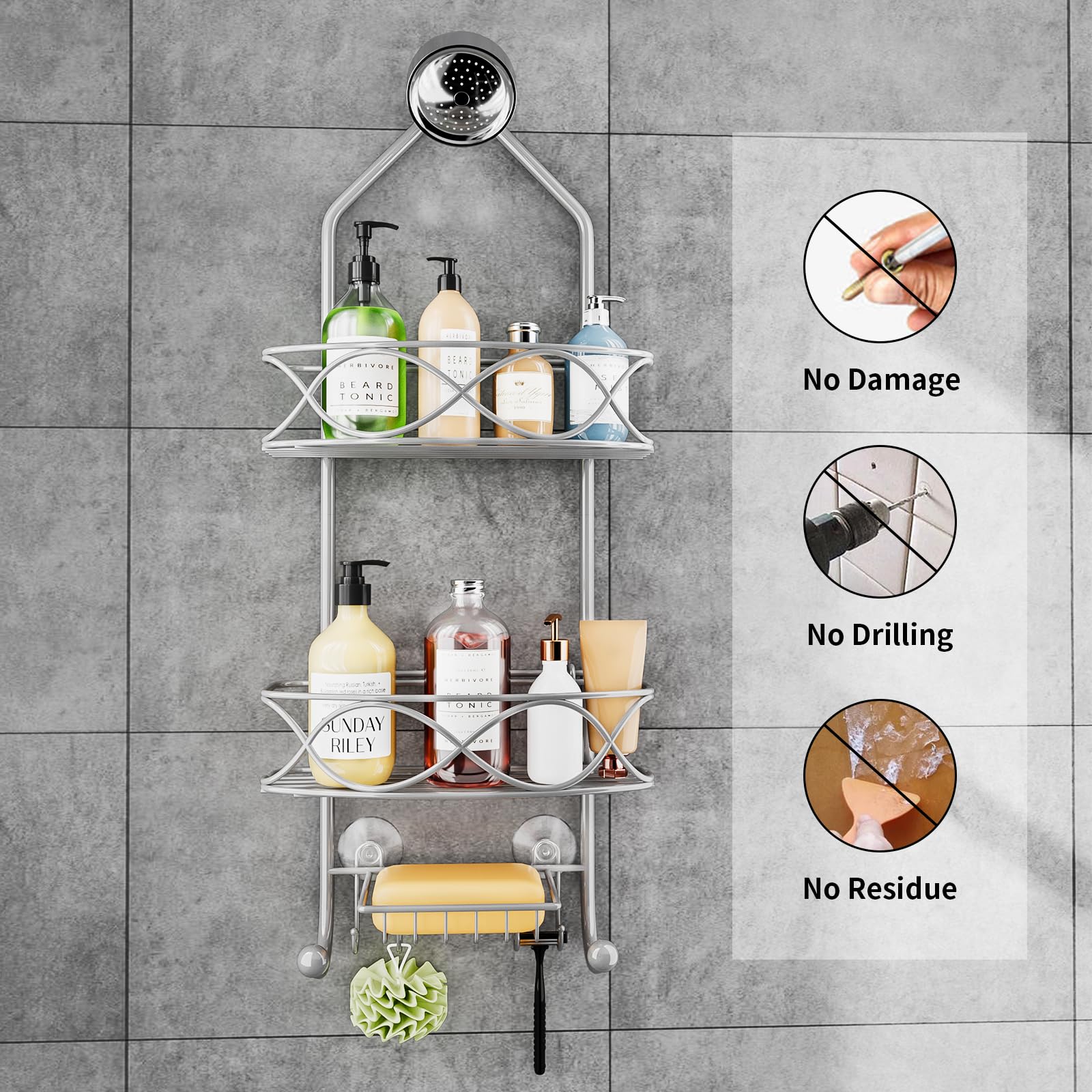 GAOKASE Shower Caddy Shower Caddy Over Shower Head  Shower Caddy Hanging 3 Tier with Two Movable Baskets Grey Shower Caddy Hanging with hooks for Towels  Sponge and more