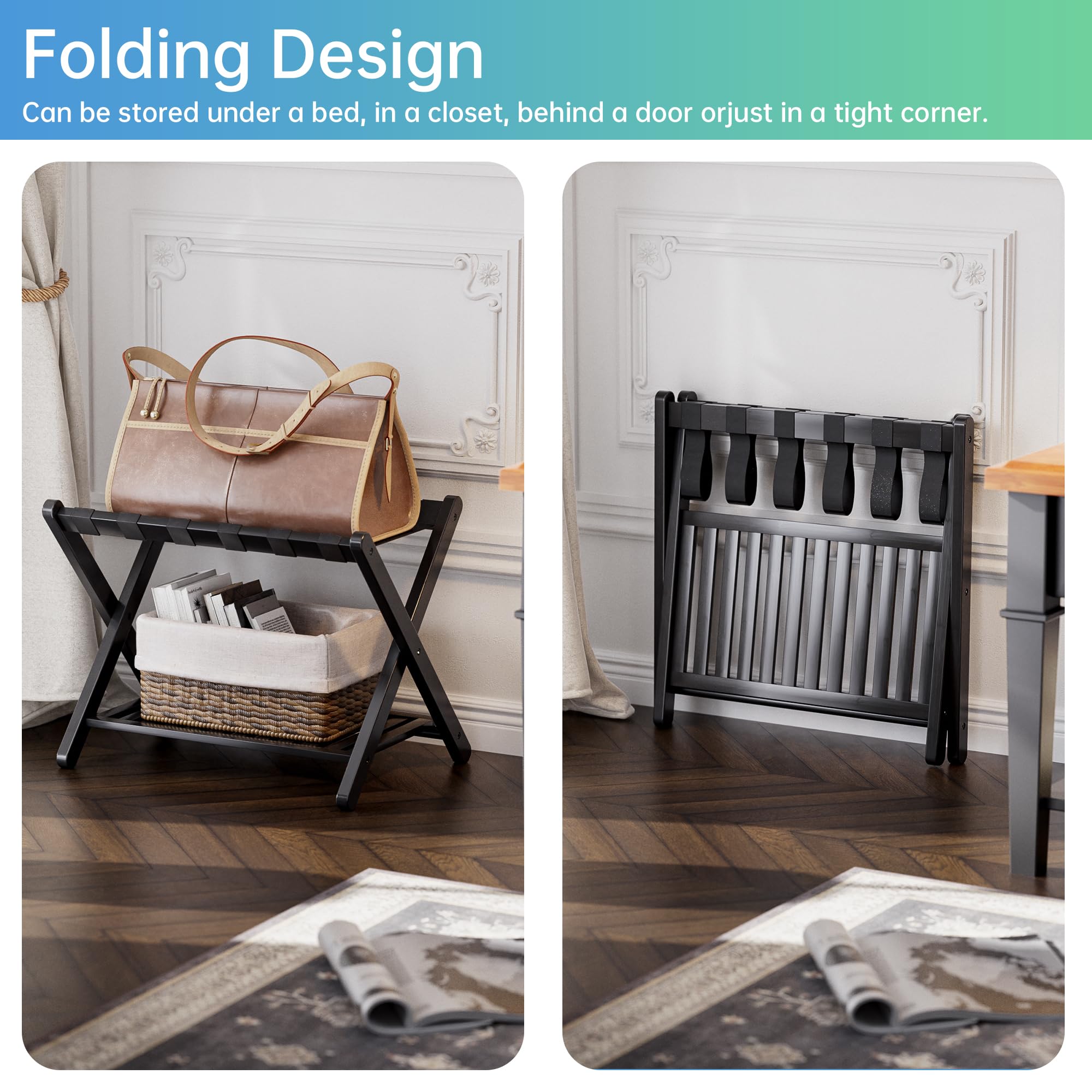 Smibuy Luggage Rack, Set Of 2, Foldable Bamboo Suitcase Stand With Storage Shelf For Guest Room, Bedroom, Hotel, Heavy-Duty (Bla