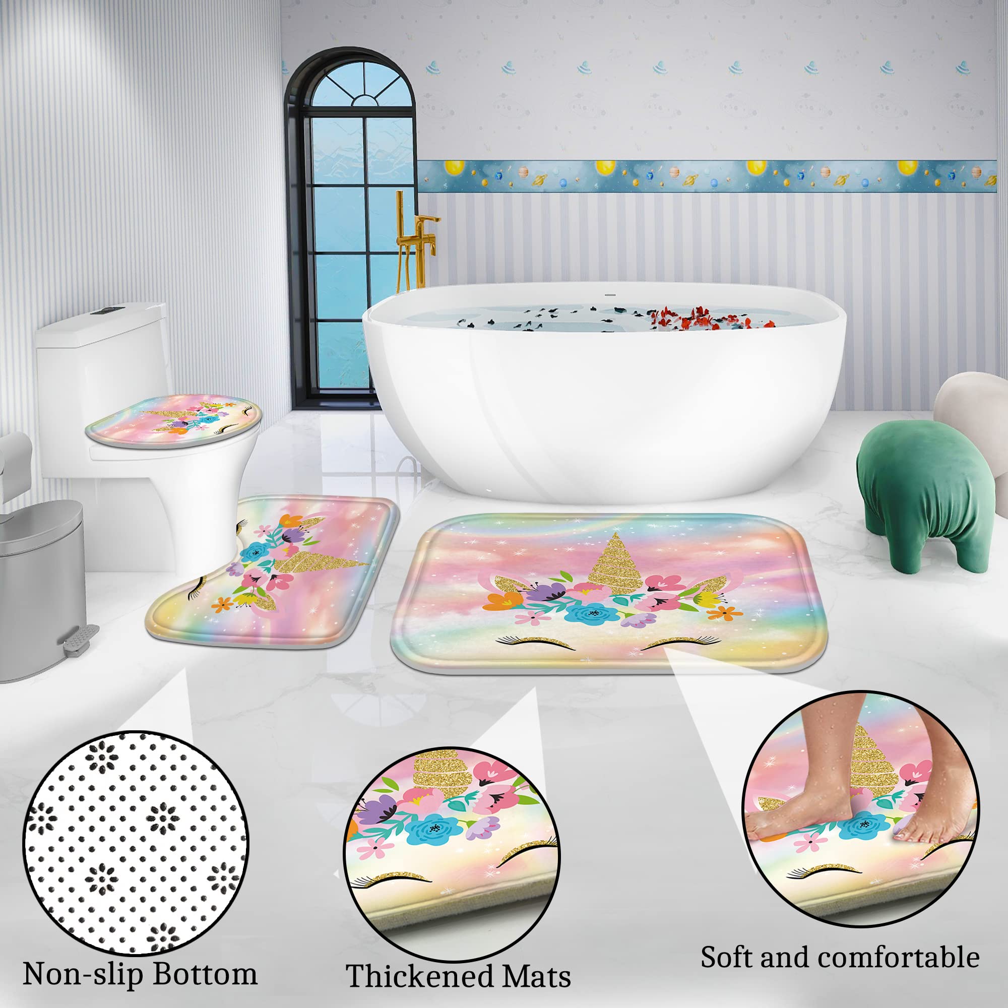 Poedist 4 Pcs Bathroom Shower Curtain Set Kids Bathroom Sets with Rugs(Bath Mat U Shape and Toilet Lid Cover Mat) and 12 Metal Hooks Multicolor Cute Flowers