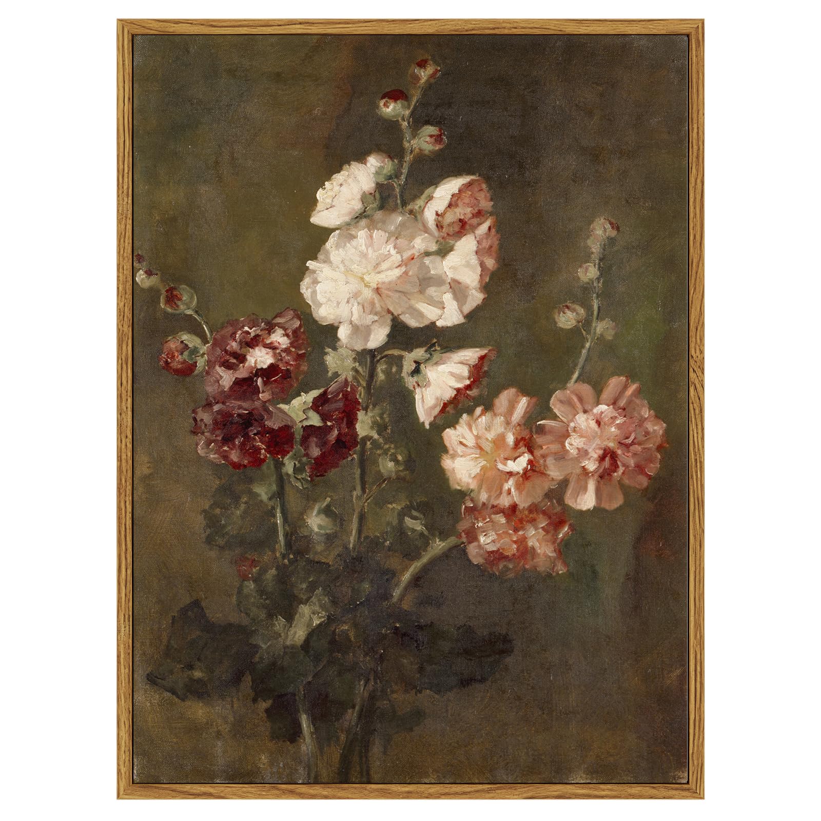 Arpeotcy Vintage Framed Hollyhocks Wall Art, Bedroom Bathroom Dark Floral Art Farmhouse Wall Decor, Canvas Prints, Rustic Kitche