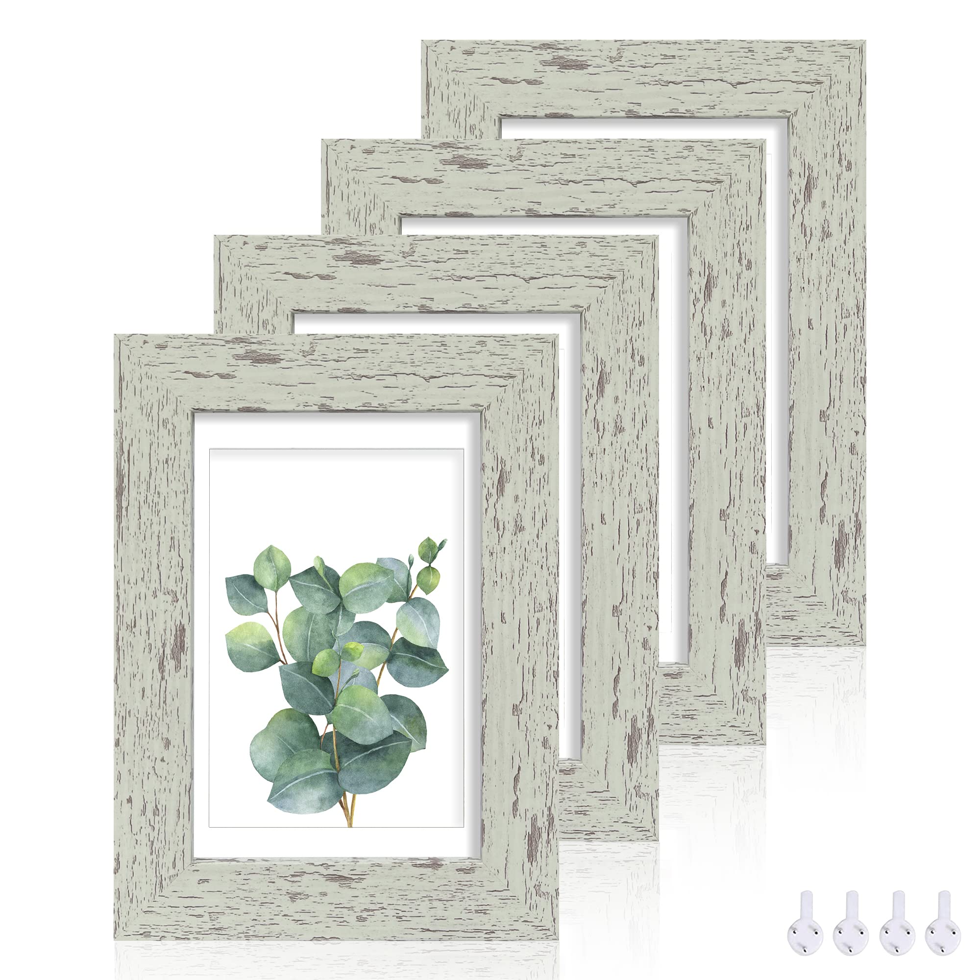 Hongkee 4x6 Picture Frame Set of 4, Made of Real Glass and Sage Green Wooden Frame, 4 by 6 Photo for Wall or Tabletop - Display 