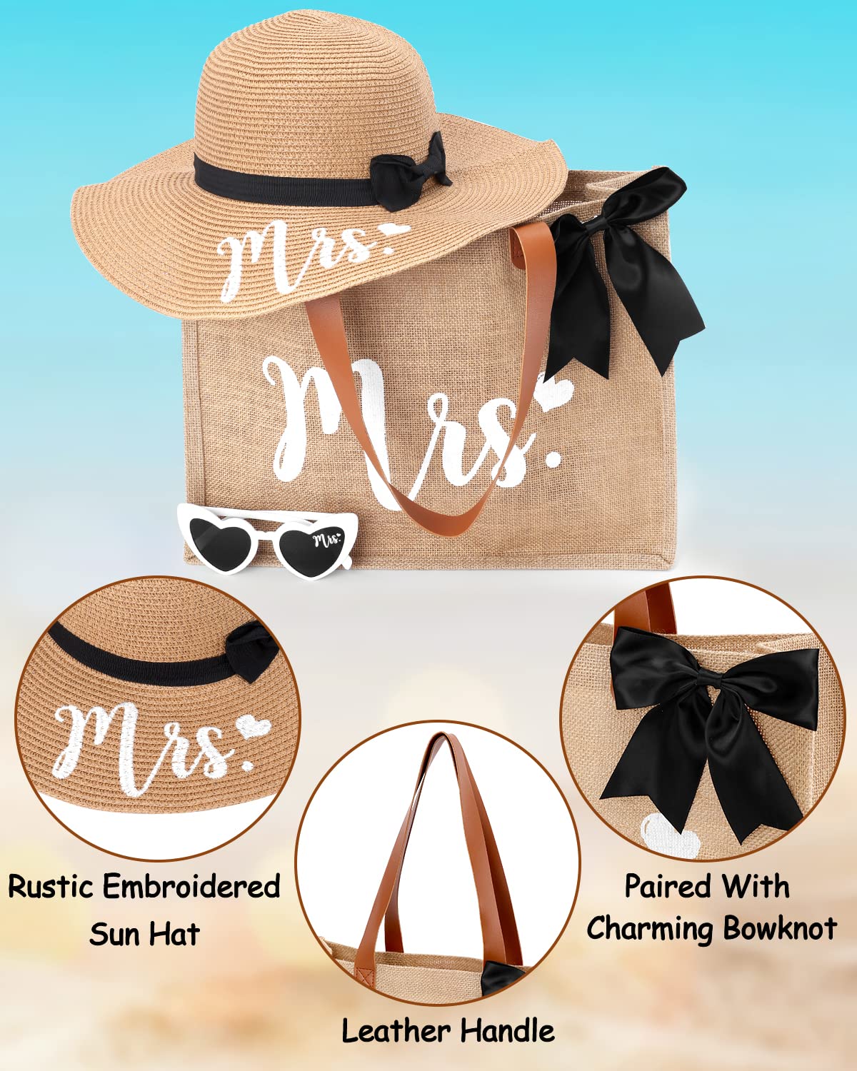 Percozzi Mrs. Tote Bag Sun Hat Glasses Set Bride-To-Be 2023 Bridal Shower Gift With Cute Heart Basket For Bride Wifey Honeymoon