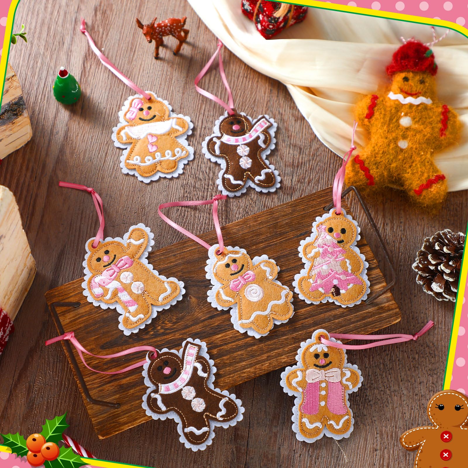 Civaner 24 Pcs Pink Gingerbread Christmas Embroidery Ornaments Felt Embroidery Rustic Christmas Hanging Ornaments Pendants for X