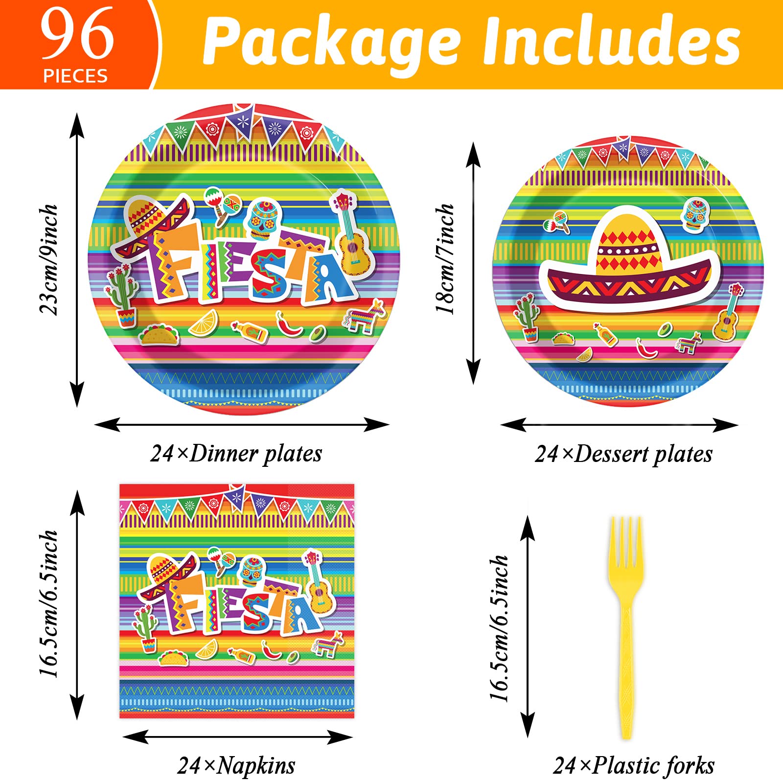 96 Pieces Fiesta Party Decorations Mexican Plates Tableware Set For Cinco De Mayo Party Decorations Supplies Mexican Themed Pape