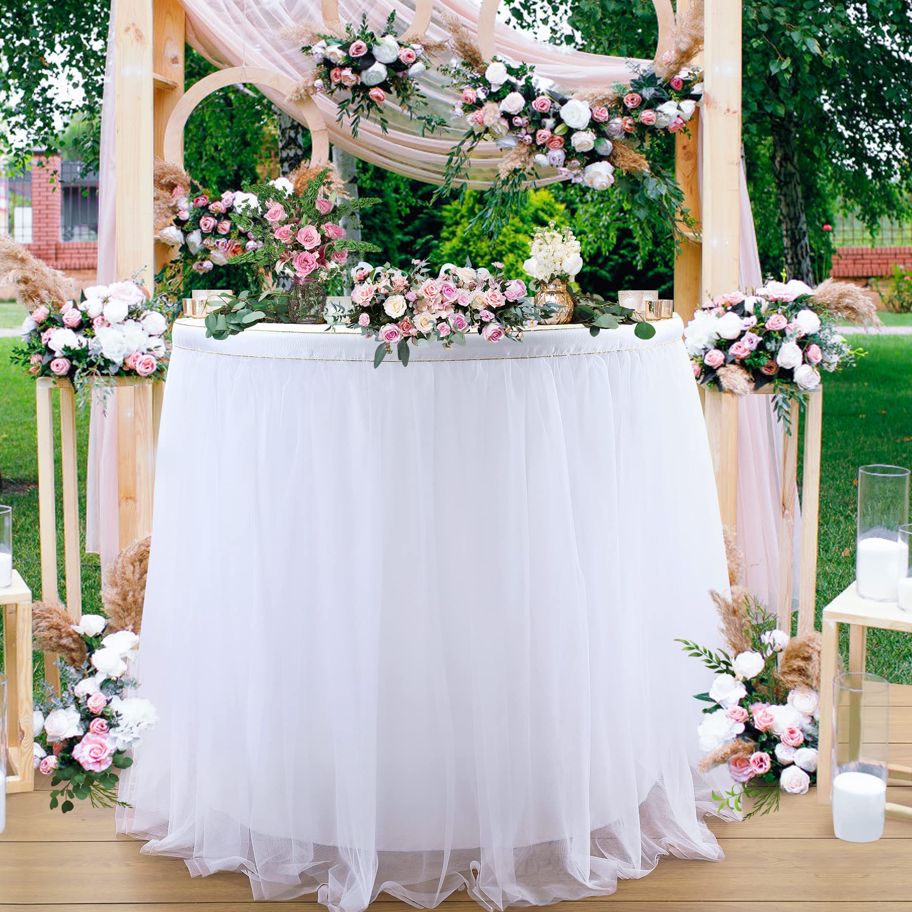 14Ft White Tulle Table Skirt Tutu Table Skirt Tablecloth Decorations For Rectangle Or Round Table For Birthday Party Baby Shower