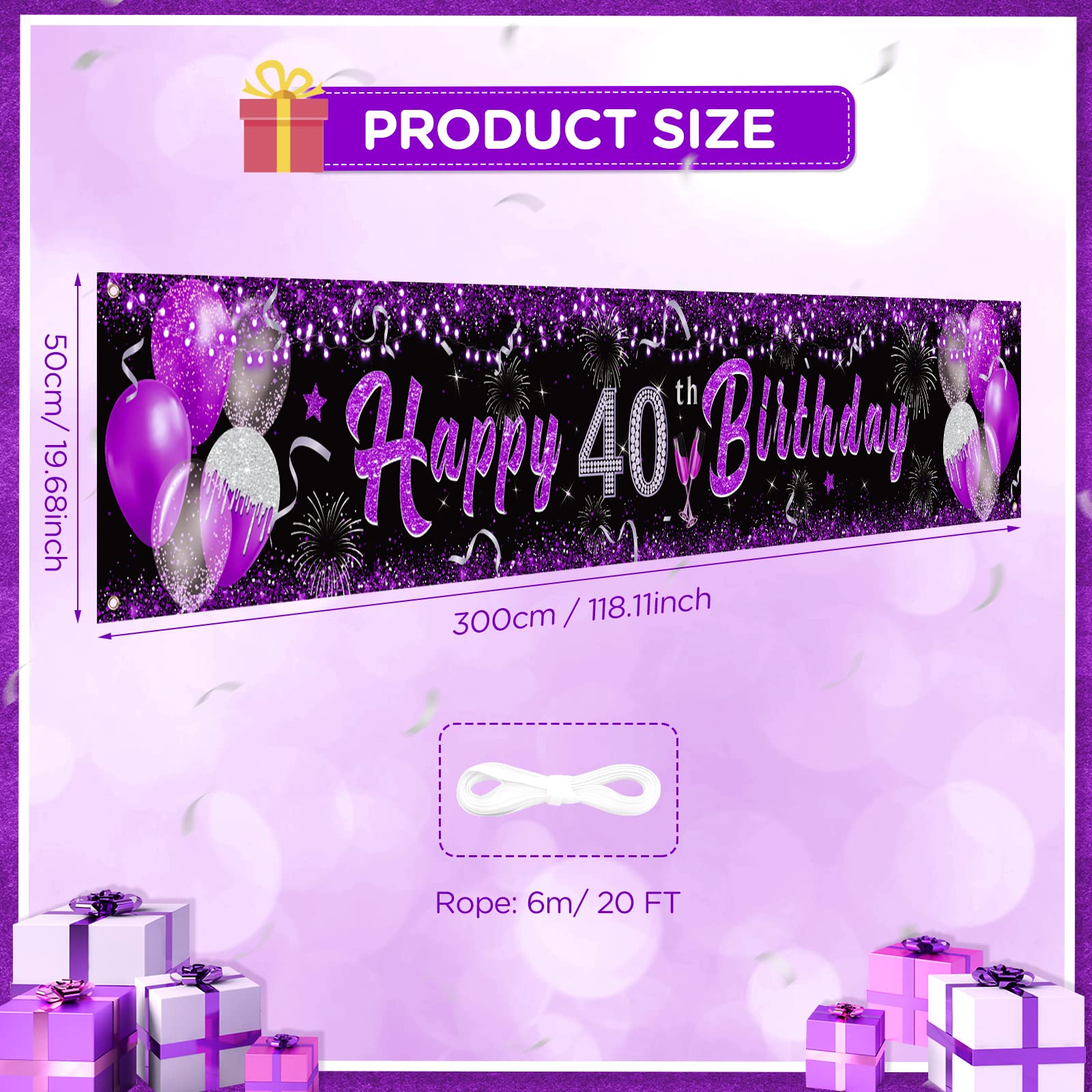 Purple 40Th Birthday Decorations For Women, Black Purple Silver Happy 40Th Birthday Yard Banner Purple 40Th Birthday Yard Sign F