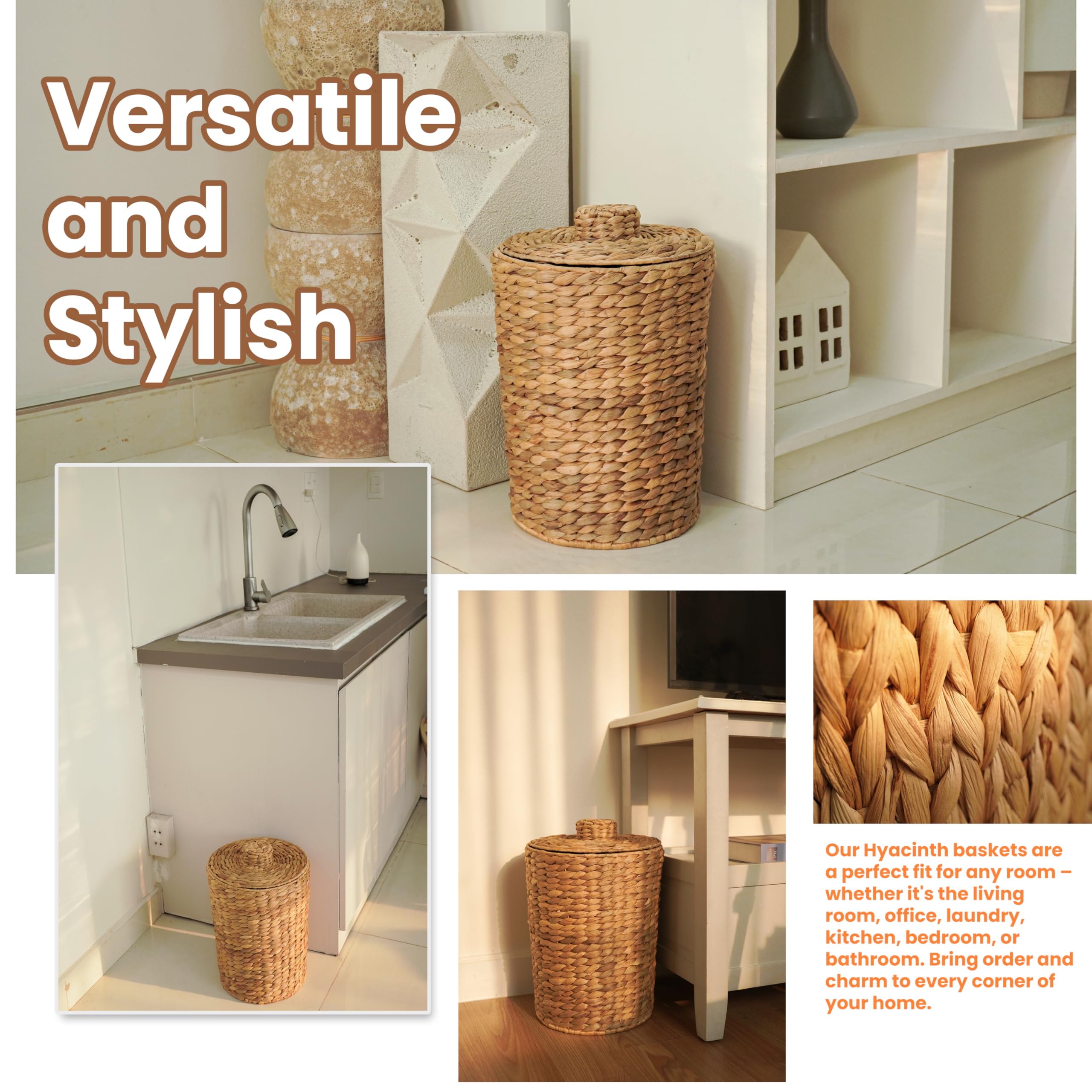 Tidita 3 Gallons Wicker Woven Waste Basket With Lid - Water Hyacinth Trash Can For Office Garbage - Handwoven Wastebaskets For B