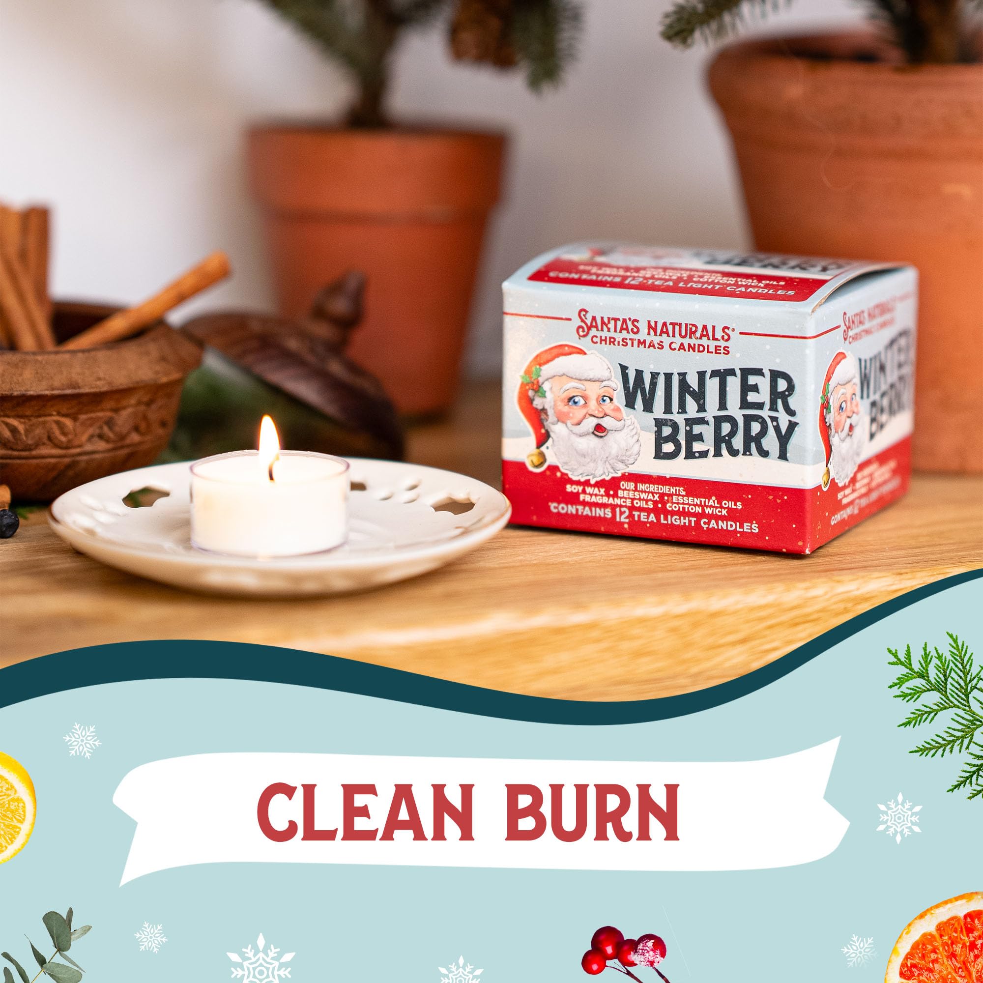 Santa s Naturals Winter Berry Christmas Tea Light Candles for Holidays & Gifts, Cinnamon & Spice Scent, Soy & Beeswax Blend, 4-H