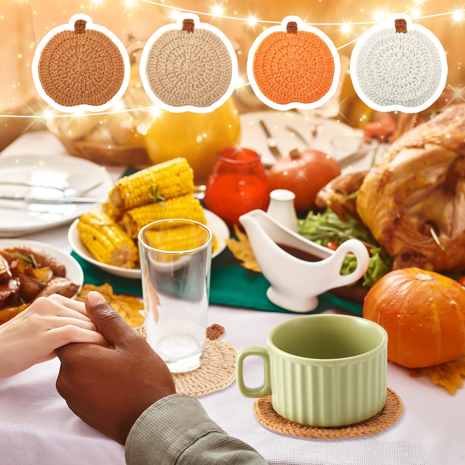 Hushee 4 Pcs Fall Coasters Crochet Thanksgiving Pumpkin Coaster 4.72 Inch Orange Home Decor Handmade Woven Pumpkin Drink Cup Pad