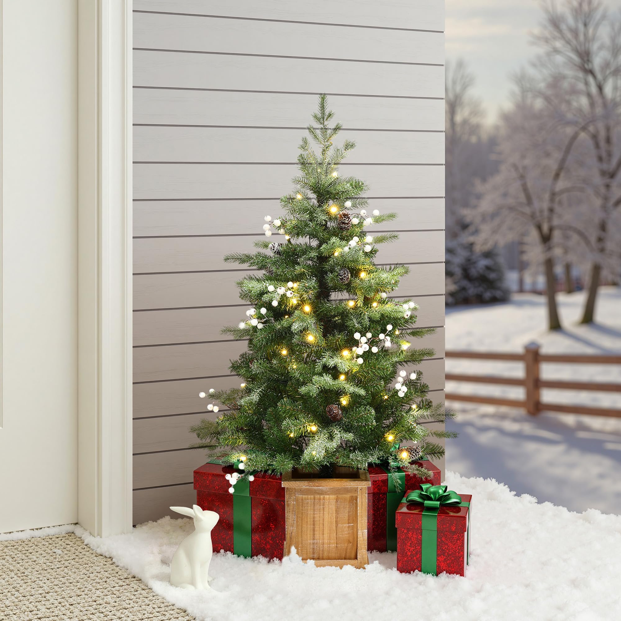 LuxenHome 4FT Potted Flocked Christmas Tree, Small Christmas Tree Prelit with 70 Warm White LED Lights, Berries and Pine Cones, 