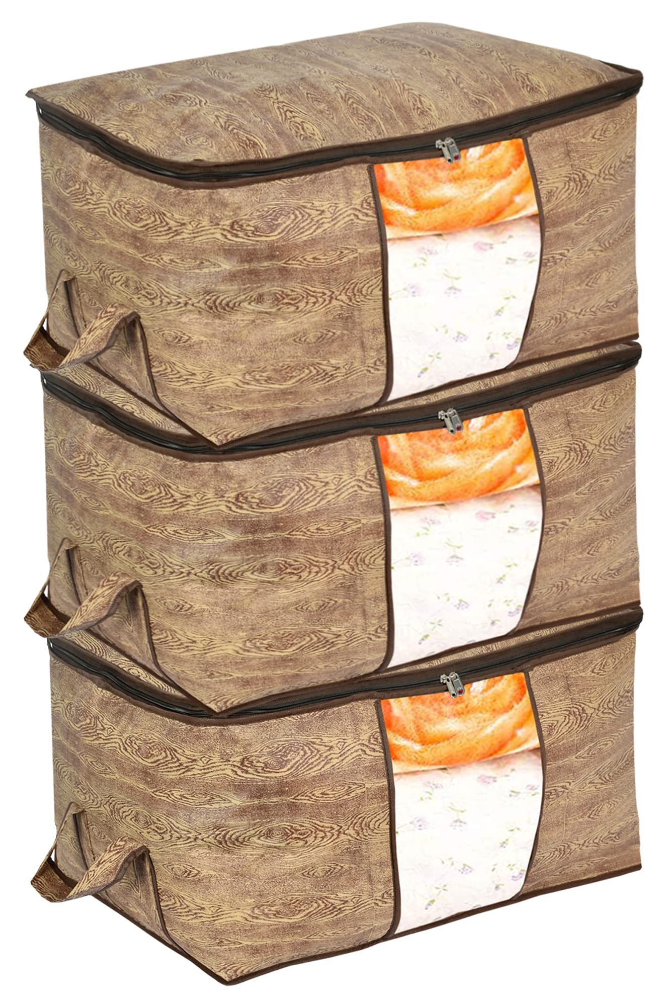 Kuber Industries Wooden Print Non Woven 3 Pieces Underbed Storage Bag,Cloth Organiser,Blanket Cover With Transparent Window (Bro
