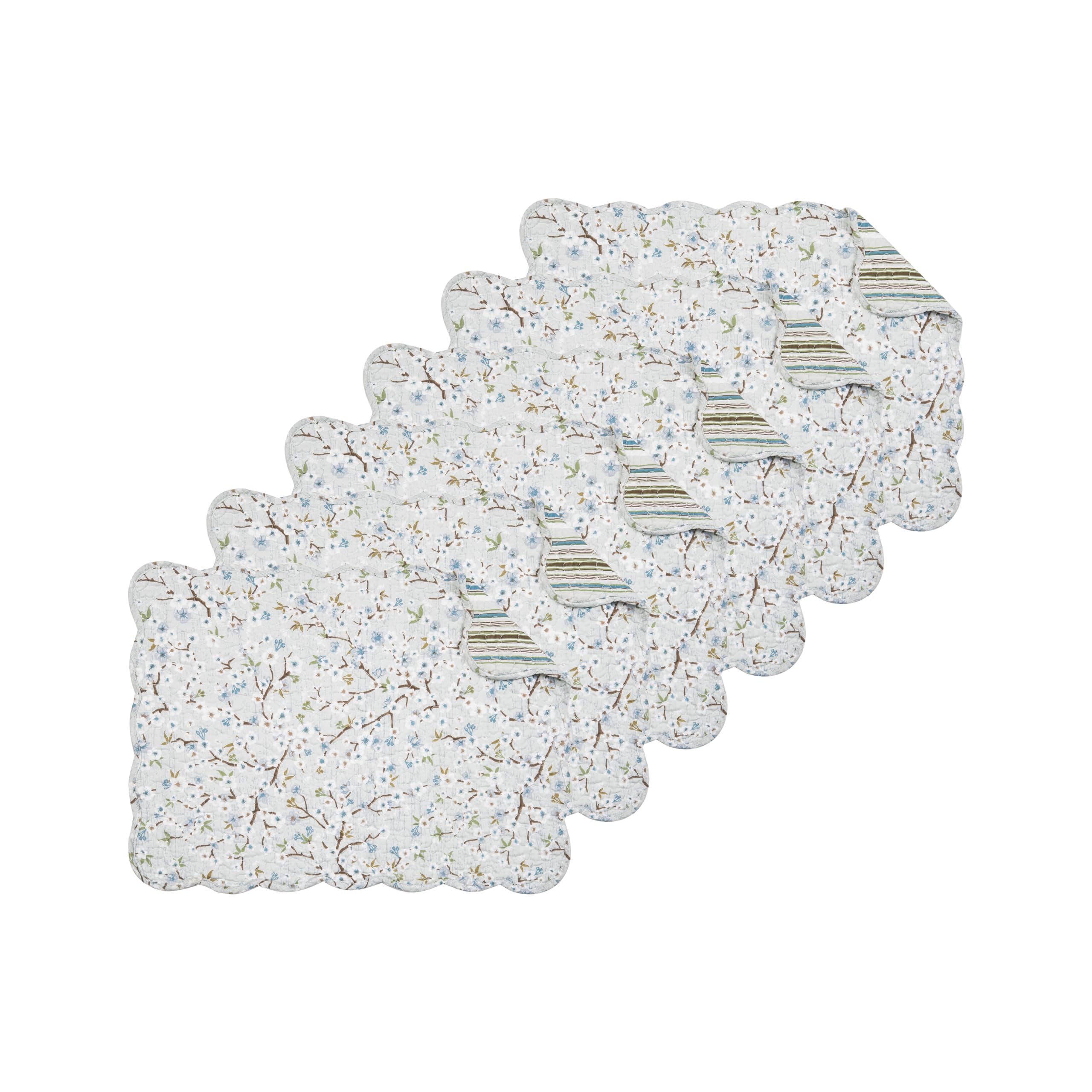 C&F Home Serenity Reversible Scalloped Quilted Vintage Floral Flower Themed Dining Tabletop Placemats Set of 6 All Seasons Sprin
