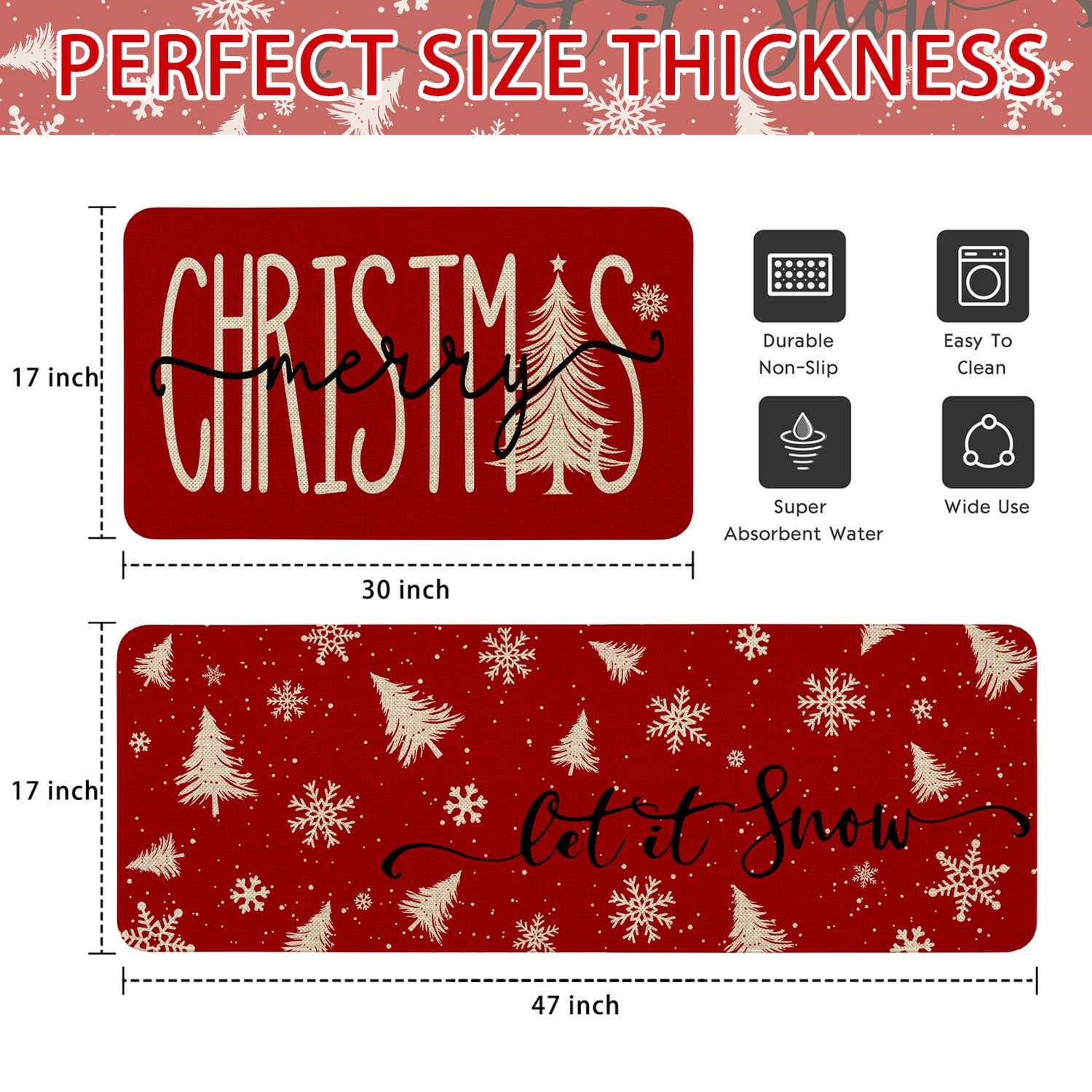 HSOWKDN Red Merry Christmas Kitchen Mat Decor, Xmas Tree Snowflake Winter Holiday Christmas Kitchen Rugs Sets of 2, Christmas Ru