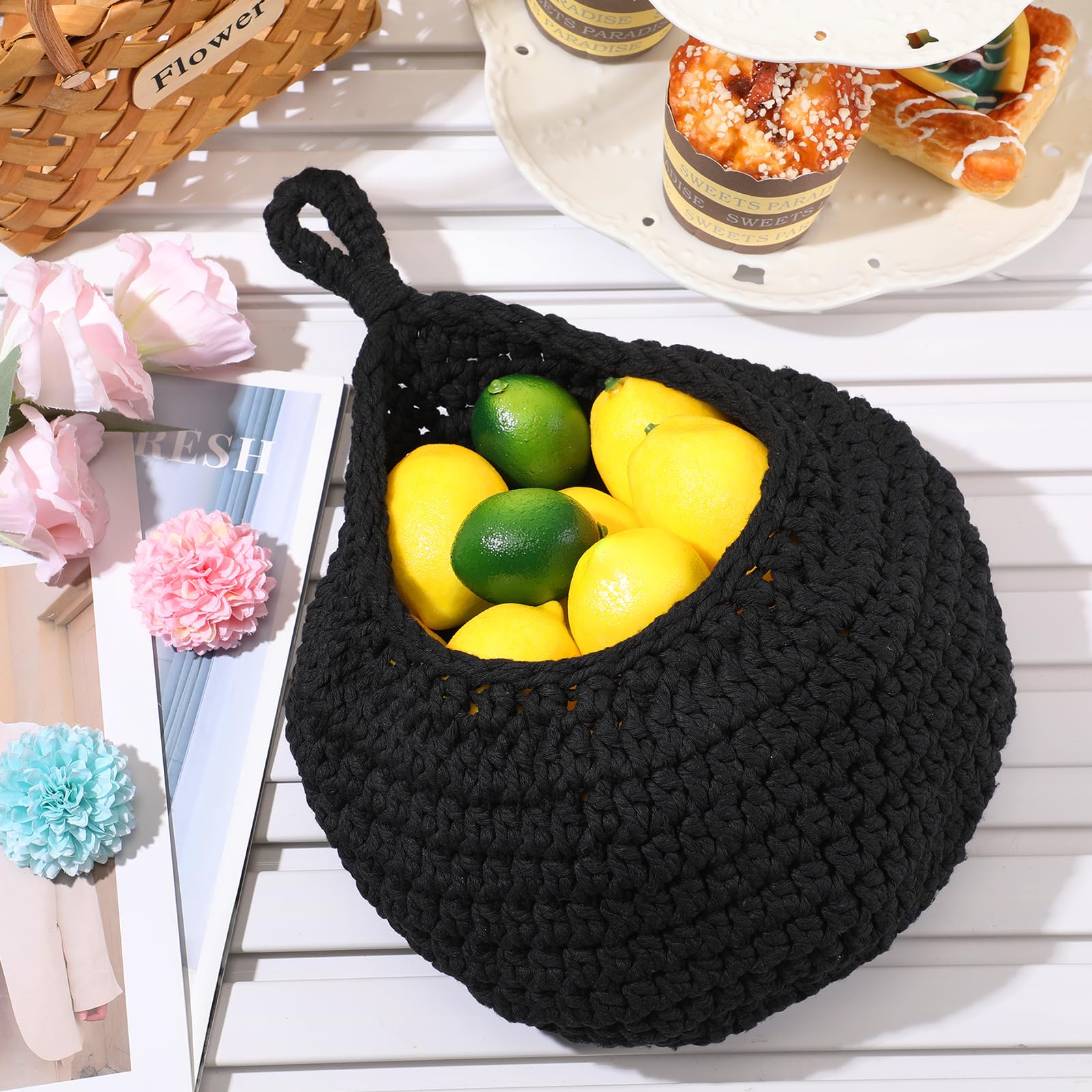 Dandat 3 Pcs Large Hanging Fruit Baskets For Kitchen Teardrop Hanging Wall Baskets Bohemian Handwoven Hanging Holder For Kitchen
