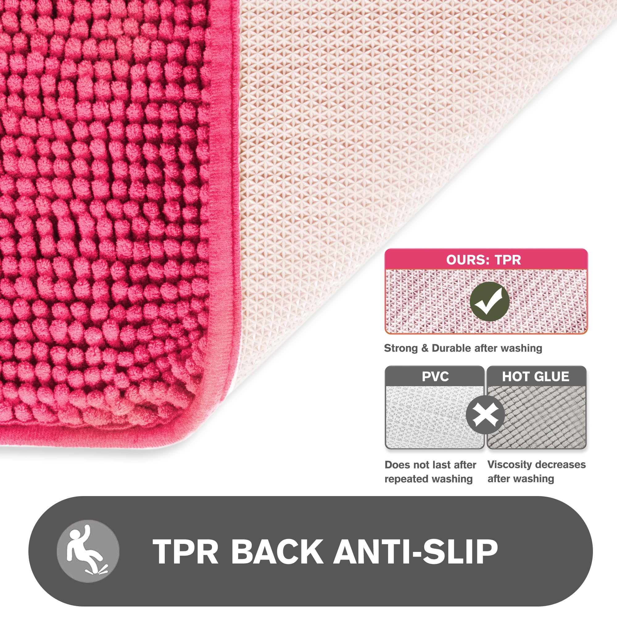 Pureswan Hot Pink Bathroom Rugs - Absorbent And Washable Bath Mat, Non-Slip, Thick Soft Chenille Bath Rugs For Bathroom Floor, S