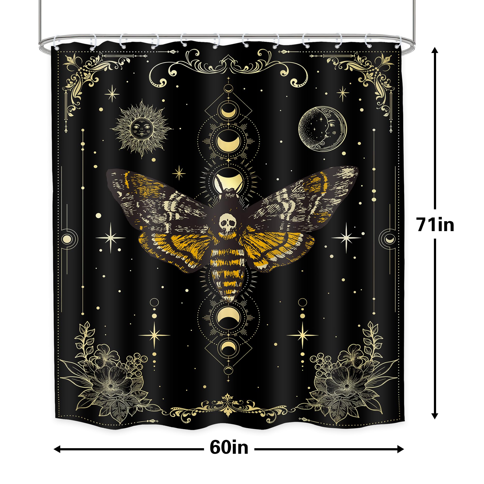 Lghtyro Skull Moth Gothic Shower Curtain Bathroom Set 60Wx71H Inches Witchy Moon Phase Black Gold Death Head Fairy Spooky Celest