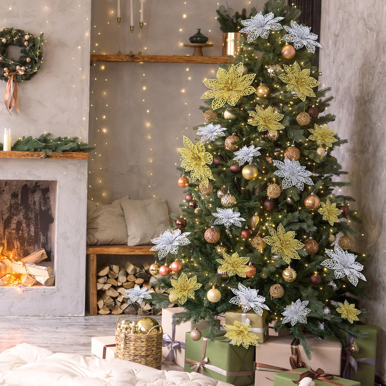 Boao 24 Pieces Christmas Poinsettia Tree Ornament Artificial Flowers Christmas Decoration Glitter Ornament, 3/4/6 Inches(Gold,Si