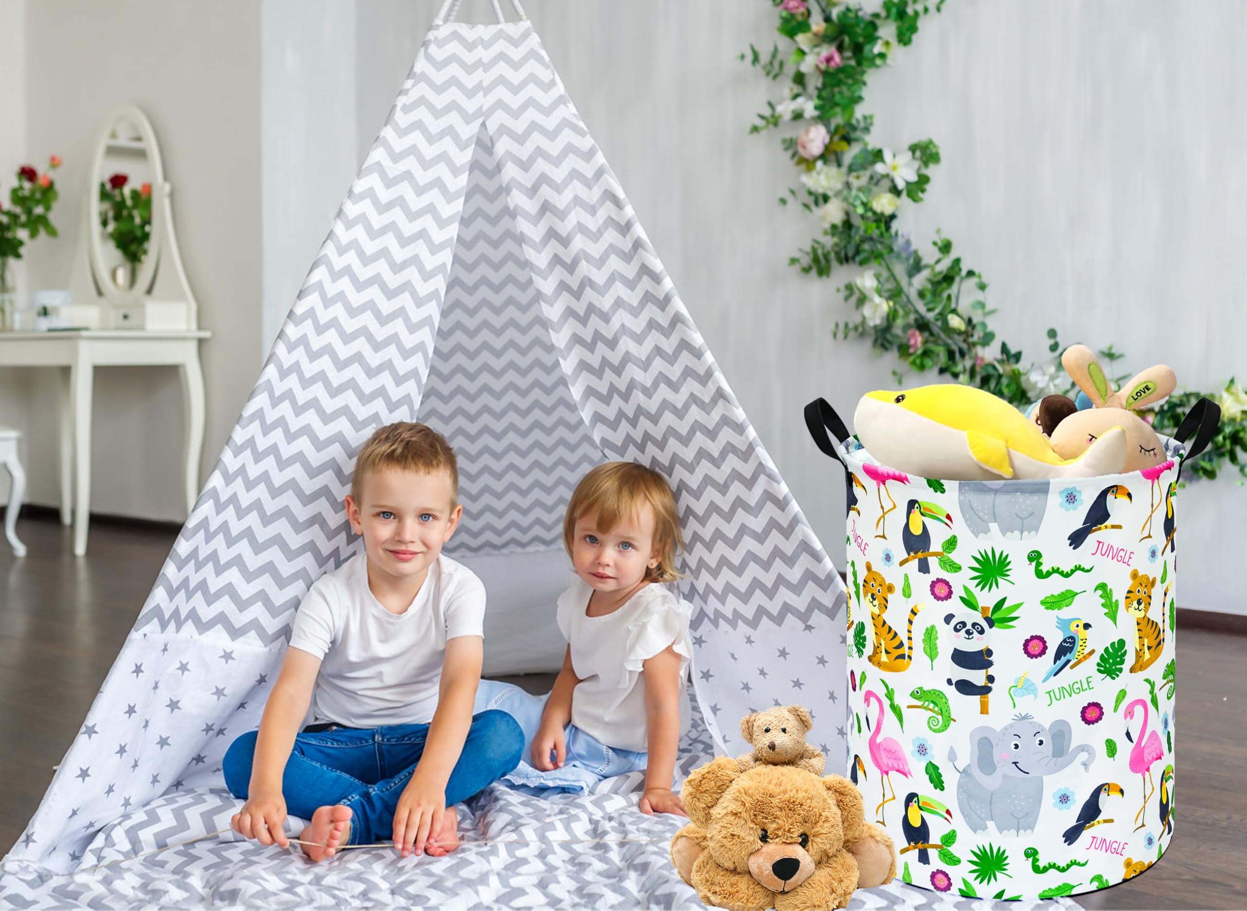 Maizmz Kids Hamper Baby Laundry Basket Nursery Storage Bins,Waterproof Clothes Organizer Gift Toy Box,Large Canvas Foldable Ches
