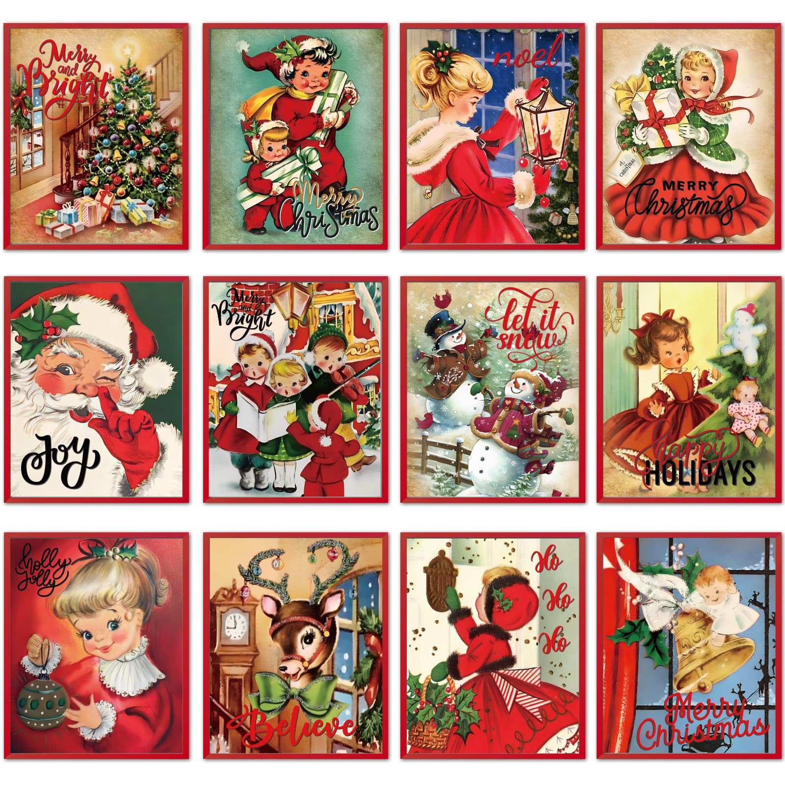 12 Pcs Christmas Wall Art Vintage Xmas Wall Picture Decor Holiday Santa Snowman Girl Retro Art Poster For Modern Family Home Liv