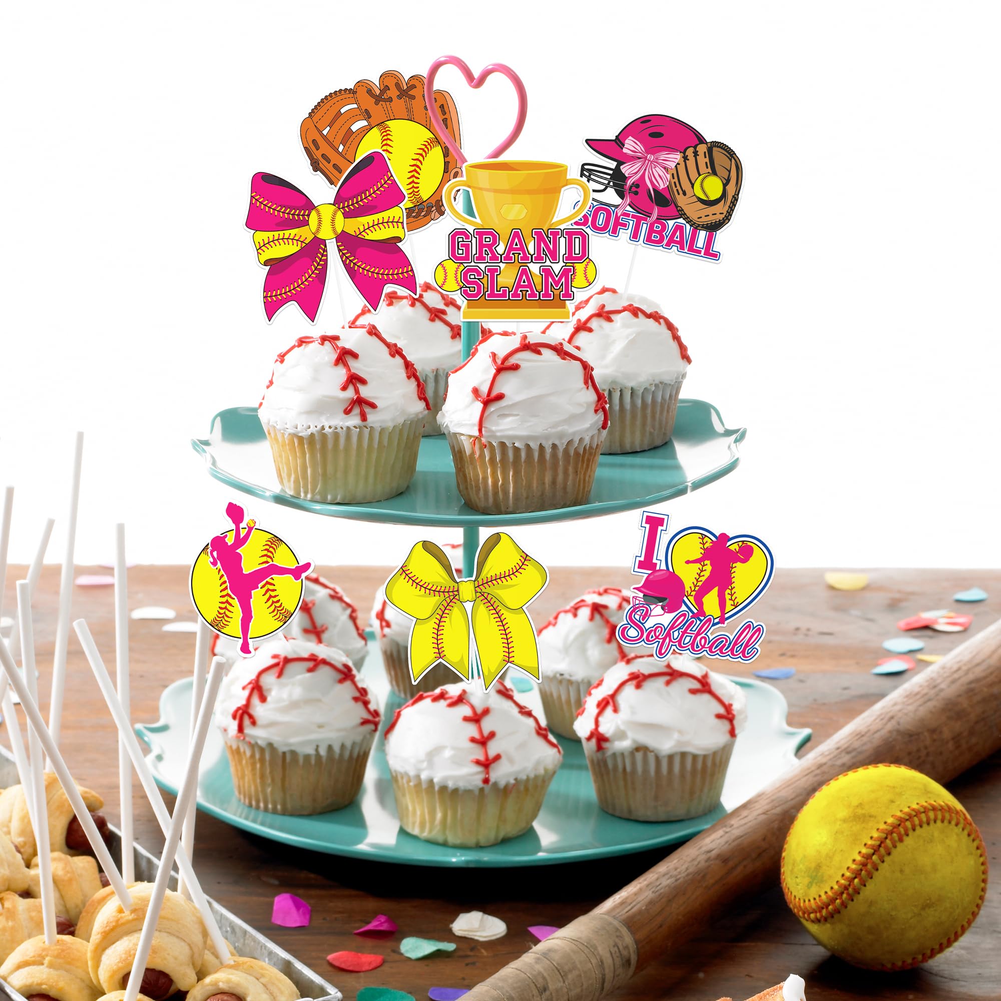 Hokinaa Softball Cupcake Toppers Decorations - 24 Pcs Sports Theme Birthday Cup Cake Topper Picks, Pink Yellow Baseball Sport Ta