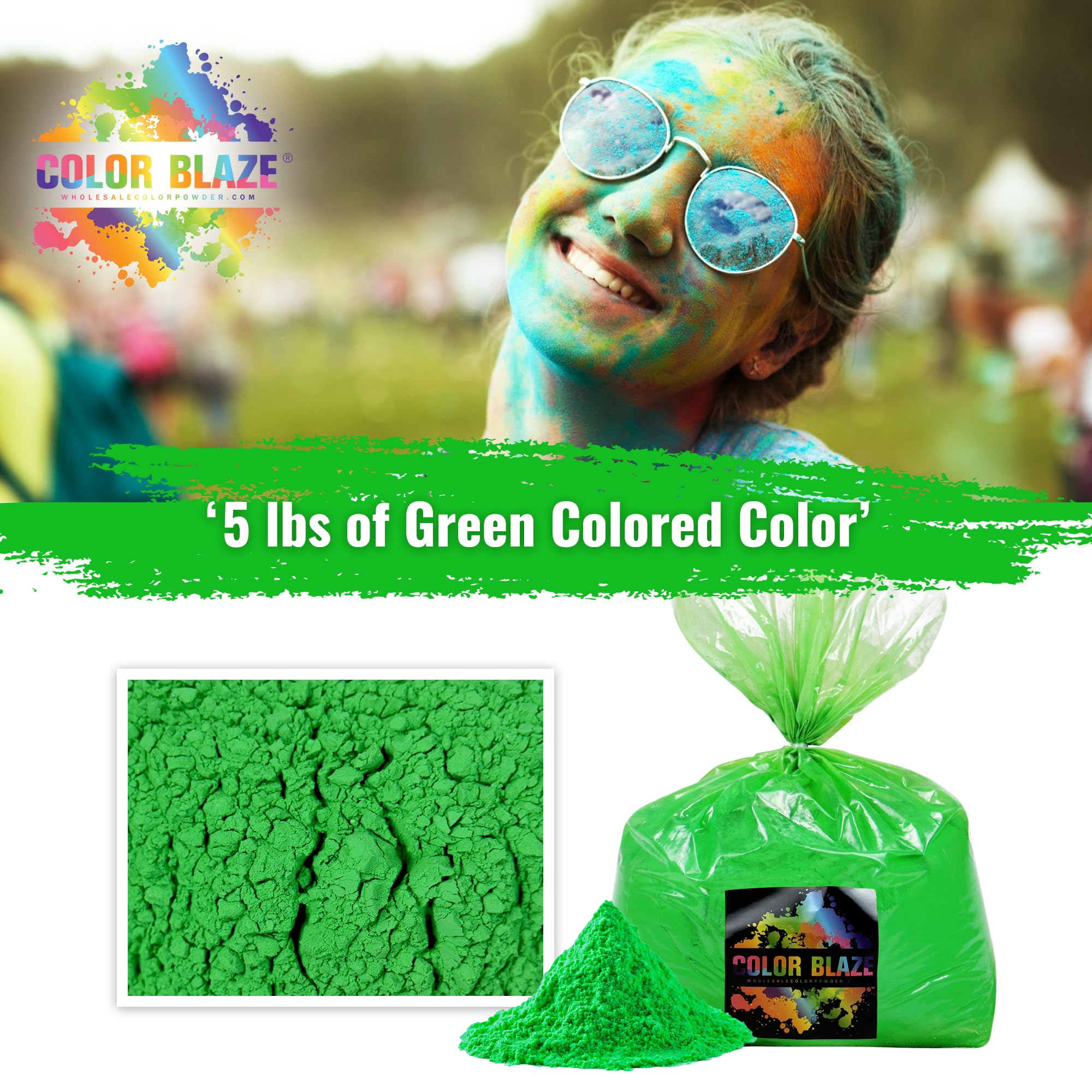Color Blaze Holi Colored Powder - 5 Lbs Of Green Powdered Color - For Fun Runs, Color Toss, Rangoli, Powder War, Backyard Party