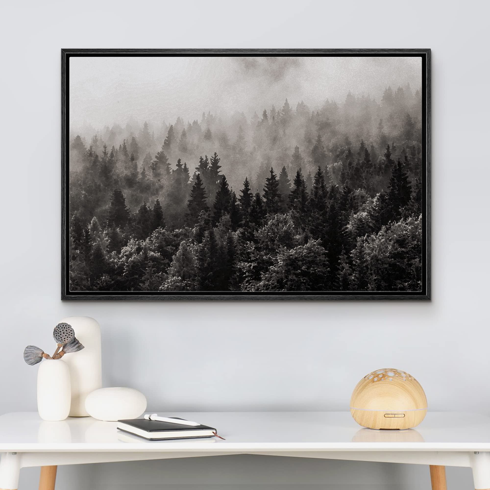 wall26 Framed Canvas Wall Art - Misty Forest in Black and White - Gallery Wrap Modern Home Art  Ready to Hang - 16''x24'' Black