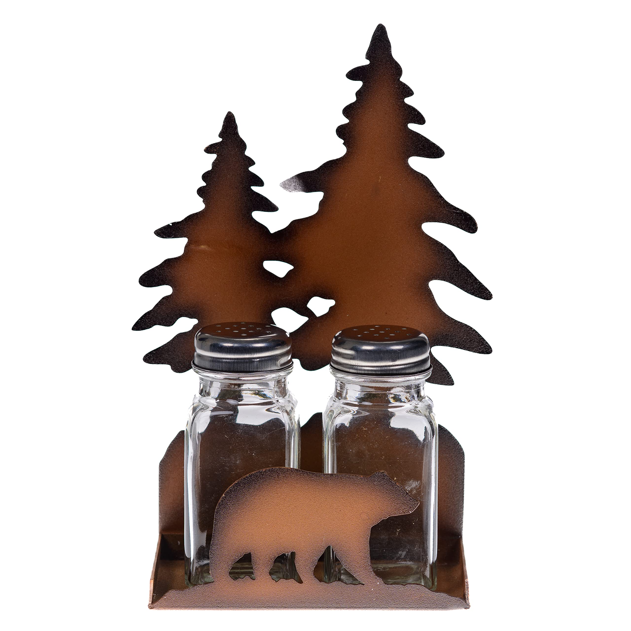 Pine Ridge Metal Bear Salt And Pepper Shaker Set - Two Glass Shakers, Metal Bear Holder Caddy For Spices And Seasonings, For Kit
