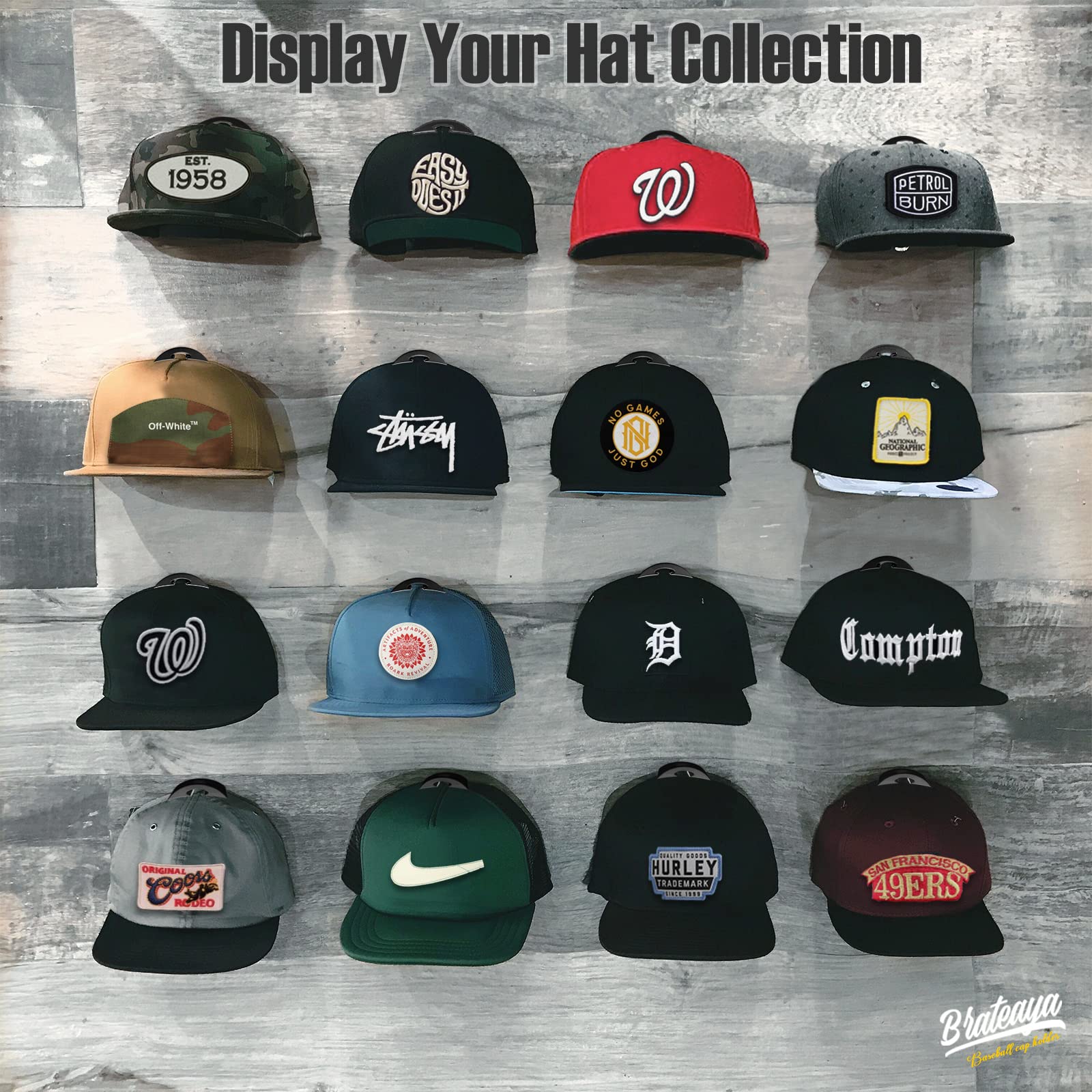 Brateaya Hat Hooks For Baseball Caps Wall Mount (20 Pack), 2 Different Ways Hat Racks To Organize & Display, Adhesive Hat Holder