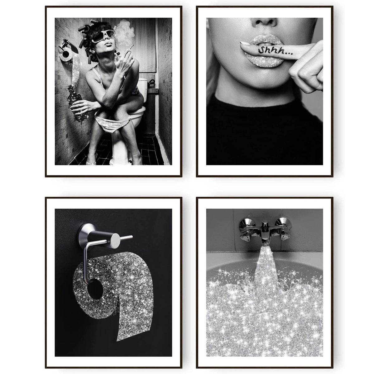 Bathroom Decor Wall Art Prints Glam Glitter Tissue Sliver Grey Funny Bathroom Toilet Paper Artwork For Wall Black And White Mode