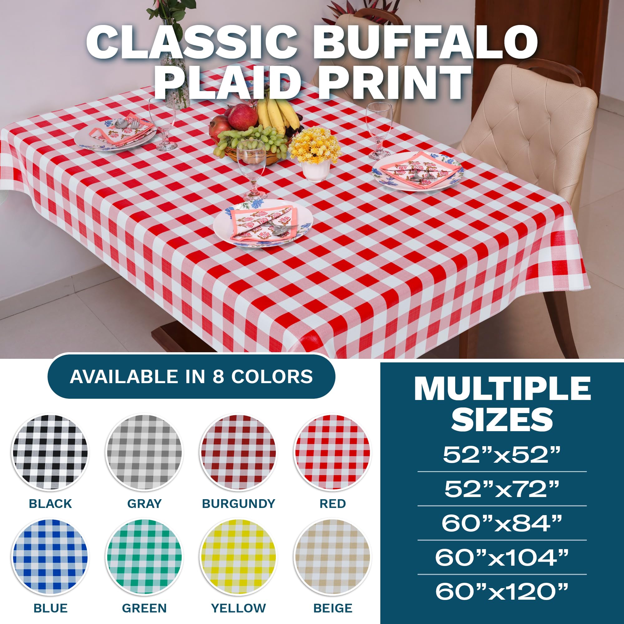 Sorfey Tablecloth - Vinyl With Flannel Back, 52''X72'' Rectangle, Water Proof, Easy To Clean, Checked Red Design