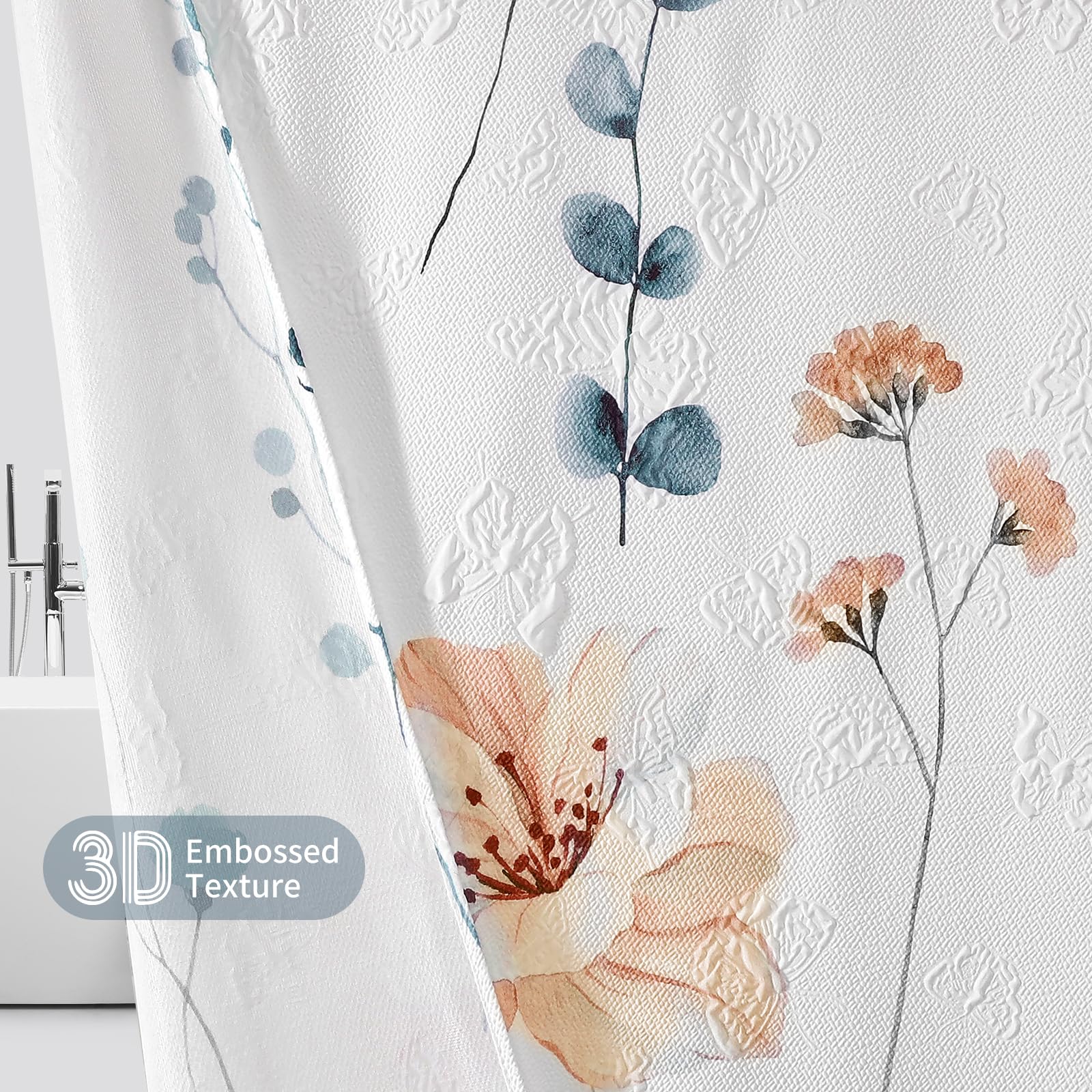 Qiyi Watercolor Floral Shower Curtain, 3D Embossed Butterflies Blue Beige Flower Bathroom Curtain, Minimalist White Cloth Bath C