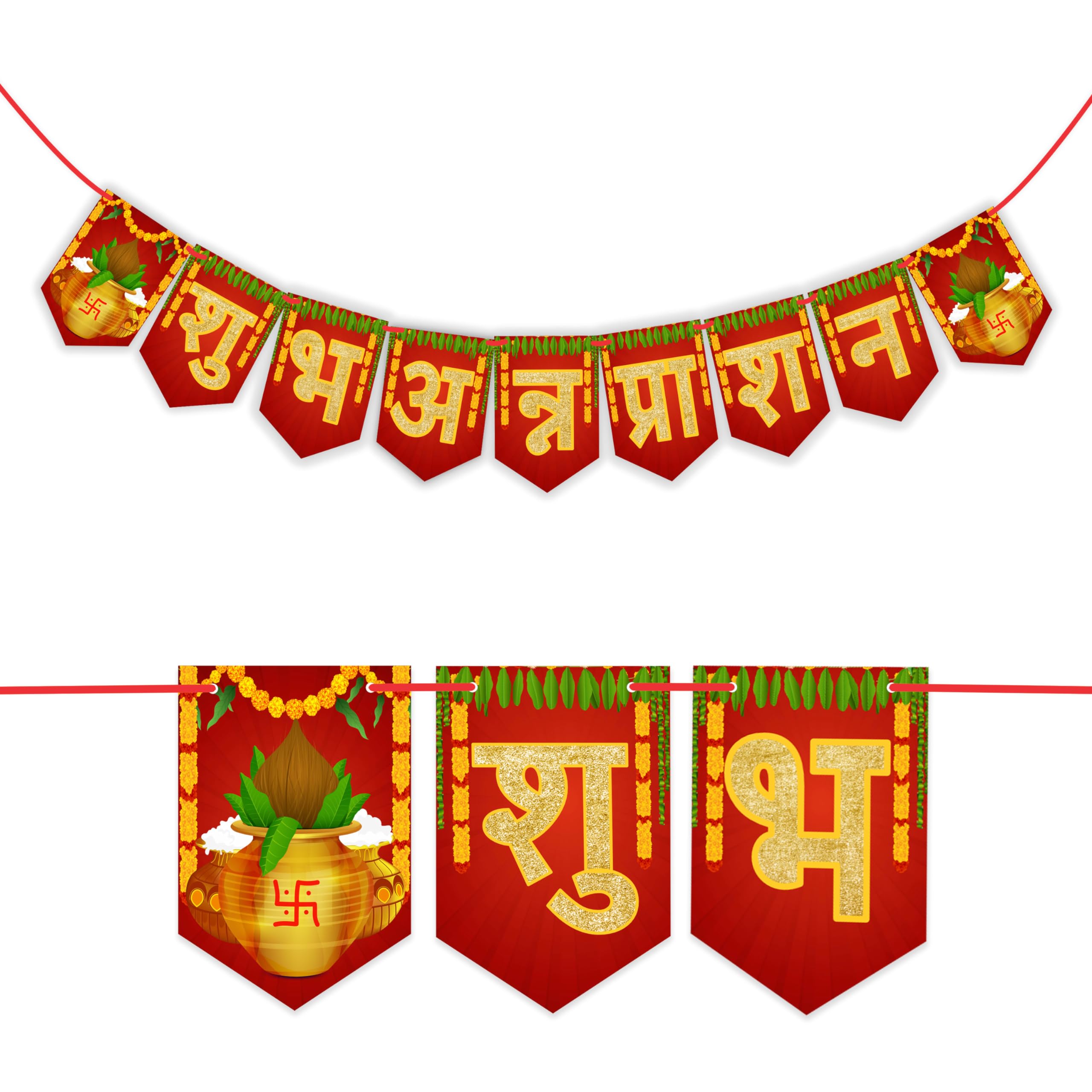 WOBBOX Photo Booth Party Props with Bunting Banner Hindi Shubh Annaprashan Red & Golden Gliter Color Font, Decoration Item