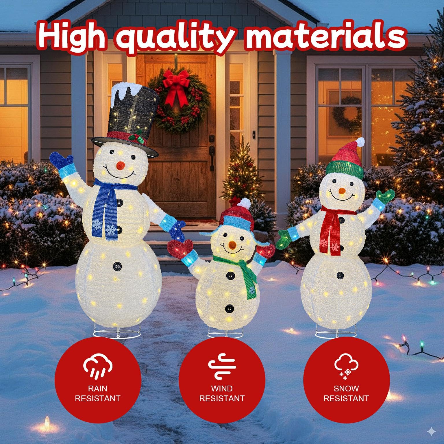 Christmas Snowman Lantern Set - 3-Piece Outdoor Velvet LED Lanterns with Warm White Lights & Transformer, 62/60/35 inch Holiday
