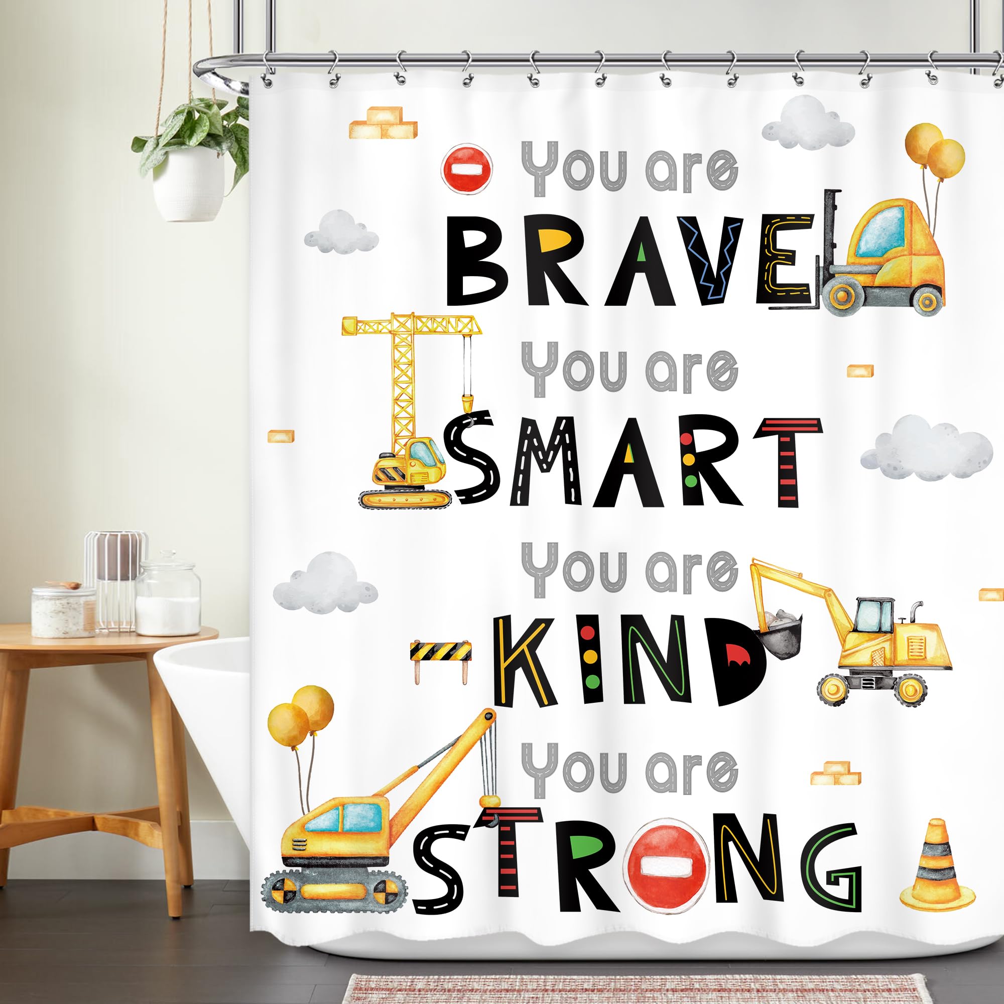 Ufeela Kids Construction Shower Curtain 60Wx72L Inch Boys Cartoon Truck Tractor Cute Inspirational Quote You Are Shower Curtain