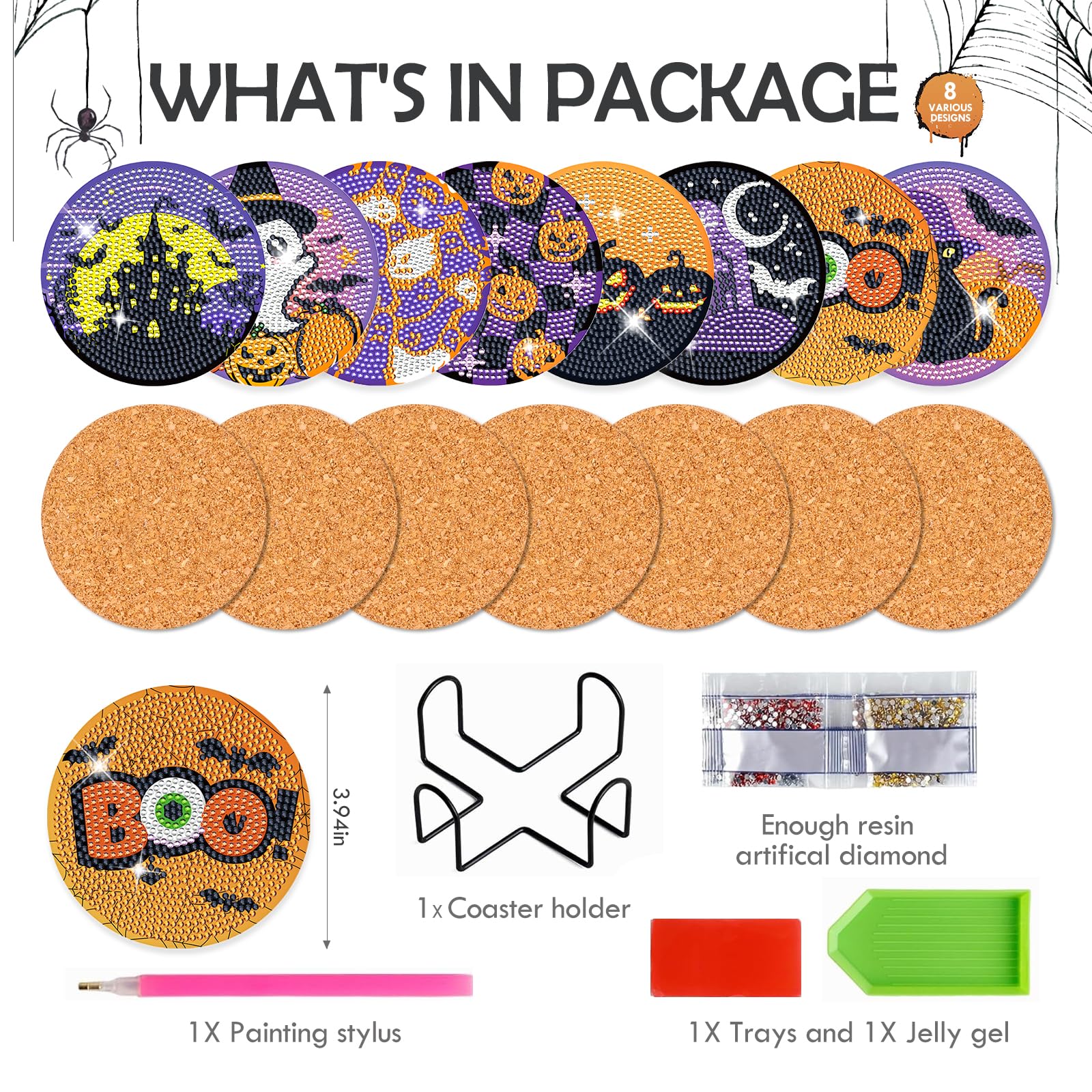 Sitsink Halloween Diamond Art Coasters - 8 Pcs DIY Pumpkin Ghost Boo Black Cat Diamond Painting Halloween Coasters Kit for Adult