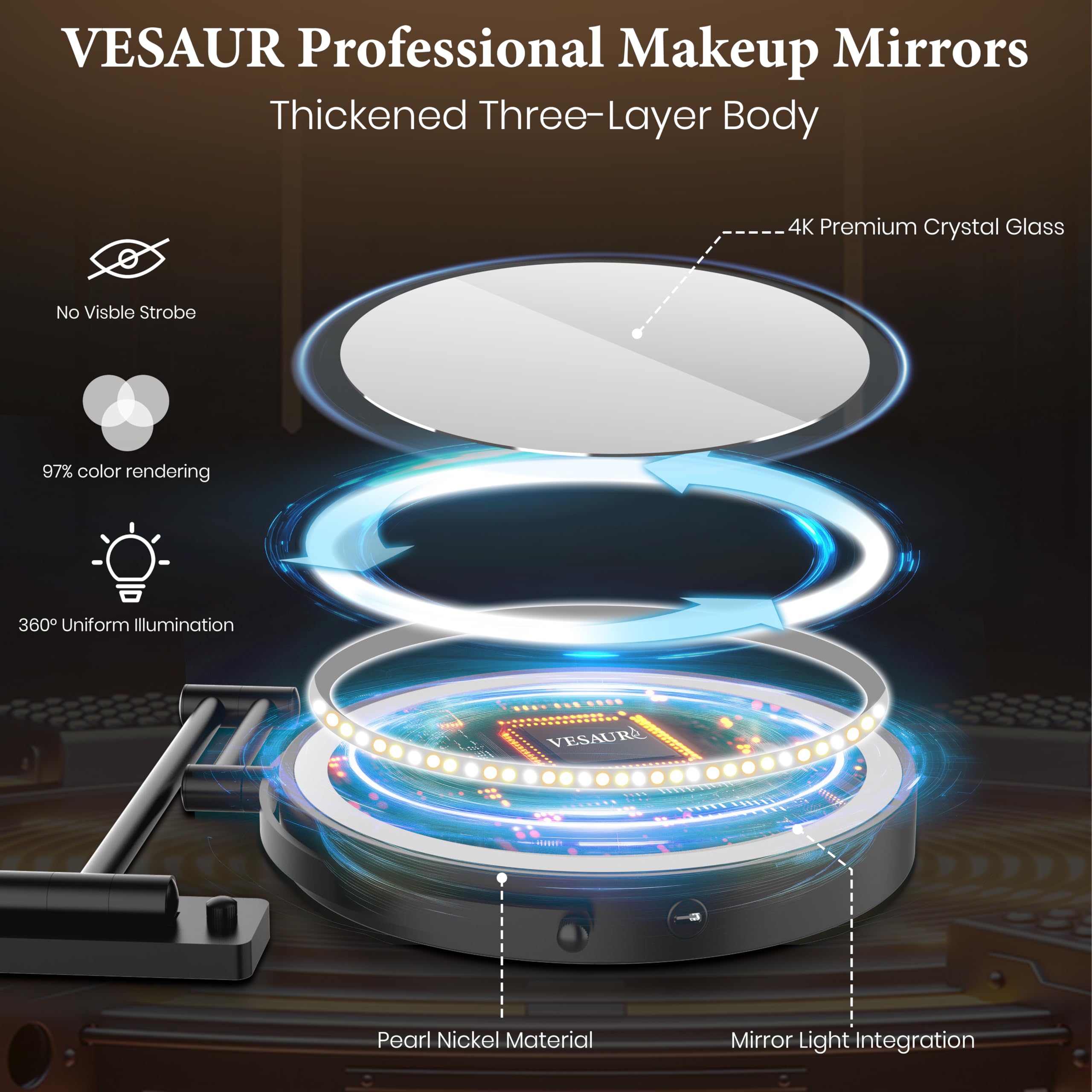 Large Wall Mounted Lighted Makeup Mirror Black Nickel, 1X/20X Magnifying Mirror With 3 Color Light, Led Lights Dimmable 5000Mah