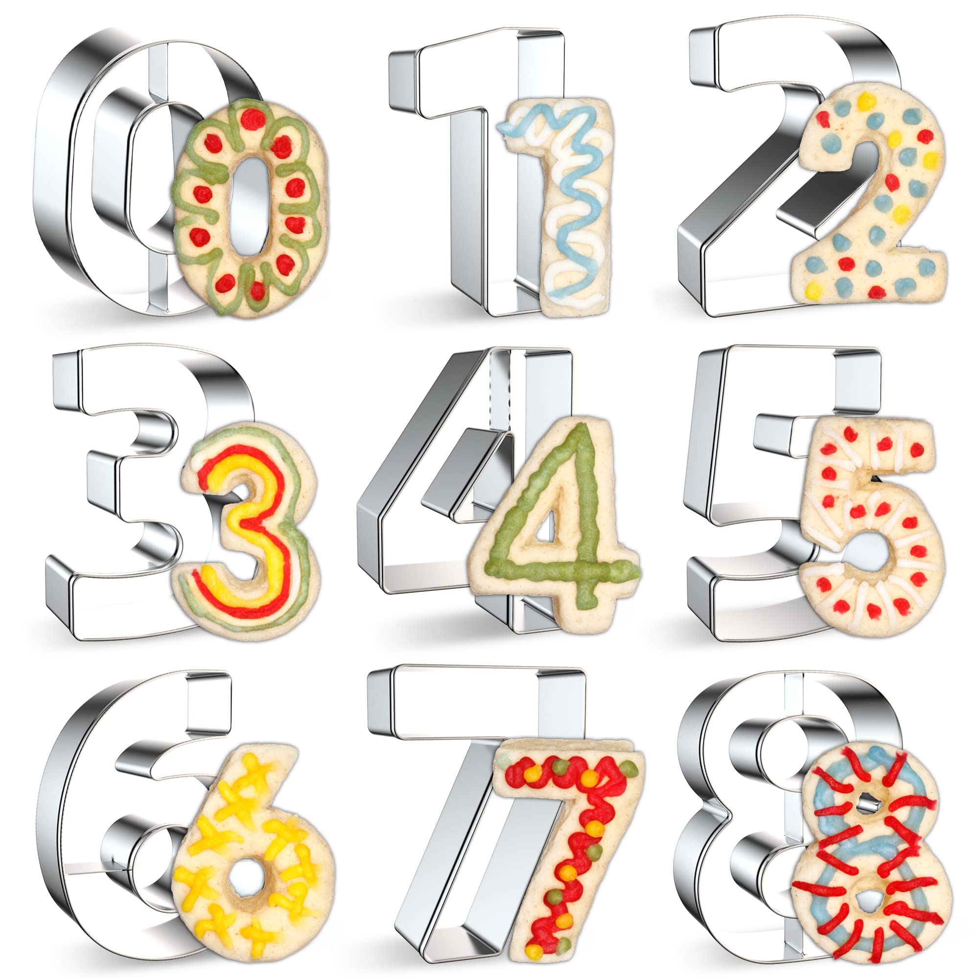 Fusoto 9Pcs Number Cookie Cutters Set, Birthday Numbers 0-8(6 Reverses To 9), Stainless Steel Cookie Cutters For Baking, Number