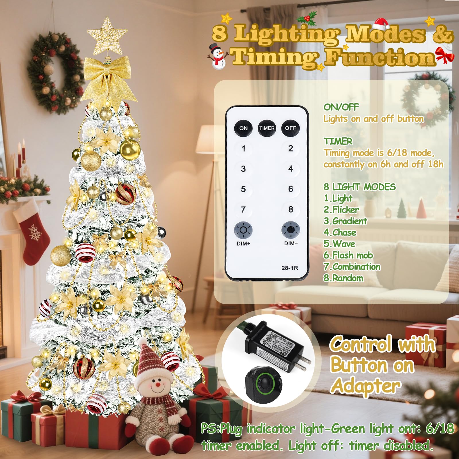 Pop Up Christmas Tree with Lights, 6FT Collapsible Artificial Christmas Tree with 8 Lighting Modes and Remote Control Timer, Pre