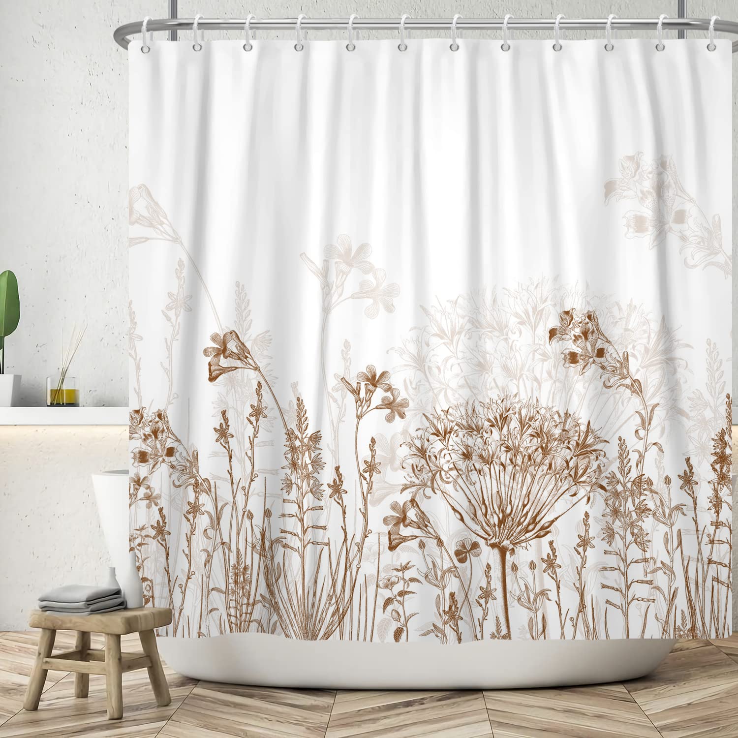 Yeele Long Botanical Shower Curtain, Brown Floral Shower Curtain For Bathroom Waterproof Fabric Bathroom Shower Curtain Set With
