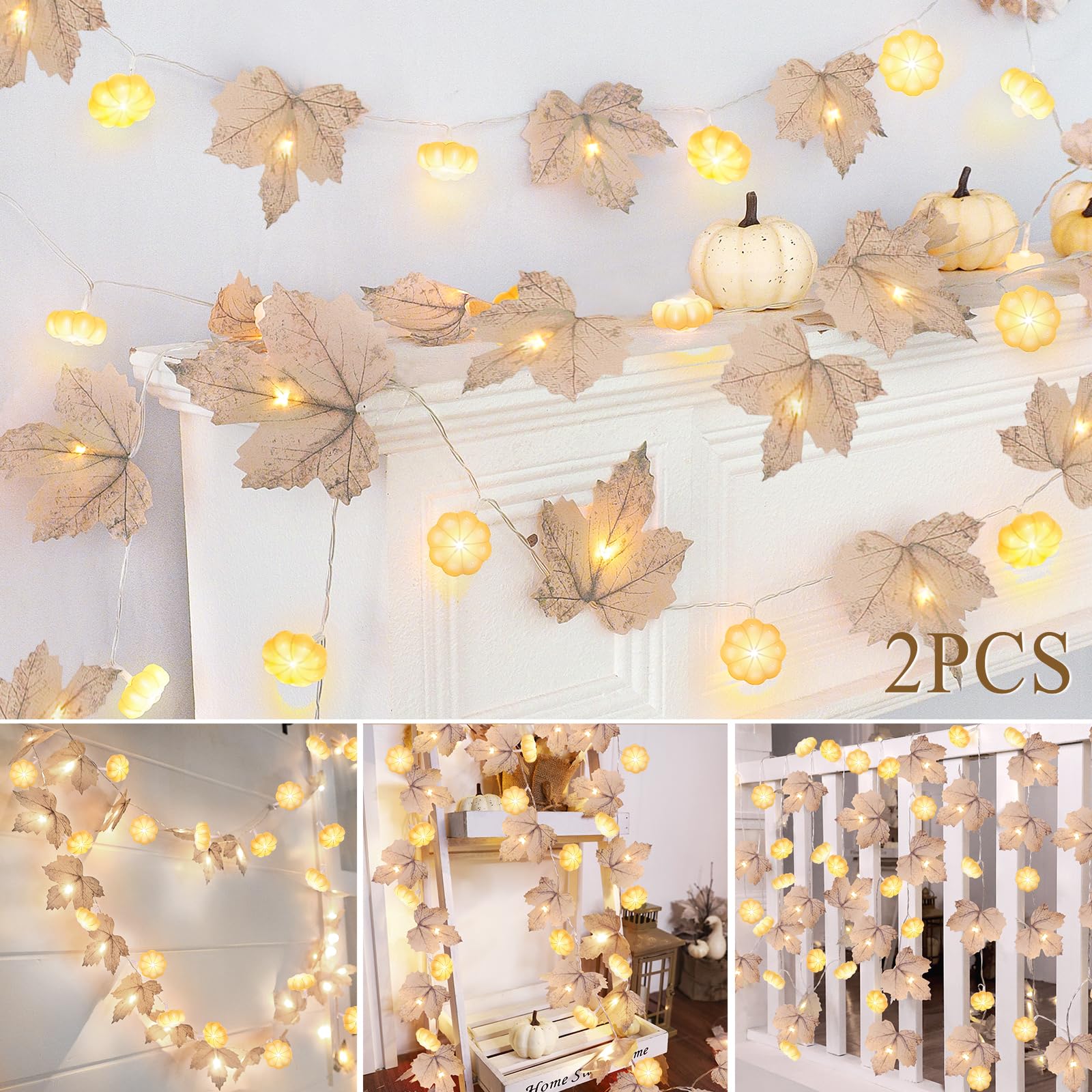 3D Pumpkin Lights & 60 LED, 2 Pack Thanksgiving Garland Fall Decor, Total 20Ft Maples Leaf Garland Fall Lights Thanksgiving Deco